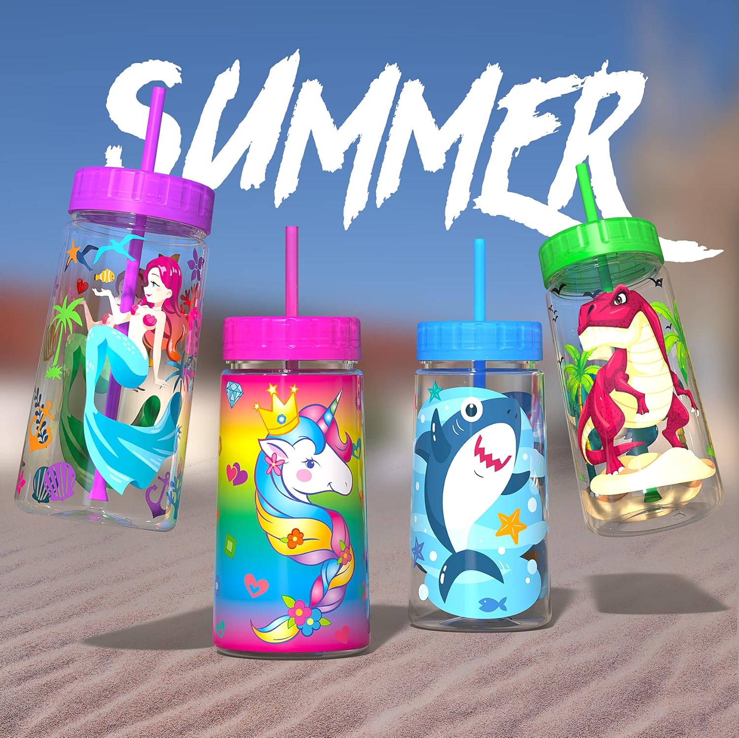 Home Tune 28oz Water Drinking Bottle - BPA Free, Wide Mouth, Travel Beverage Cup with Straw Lid, Lightweight, Water Bottle with Cute Foil Print Design For Girls & Boys - Shark & Dinosaur 2 Pack - Image 4