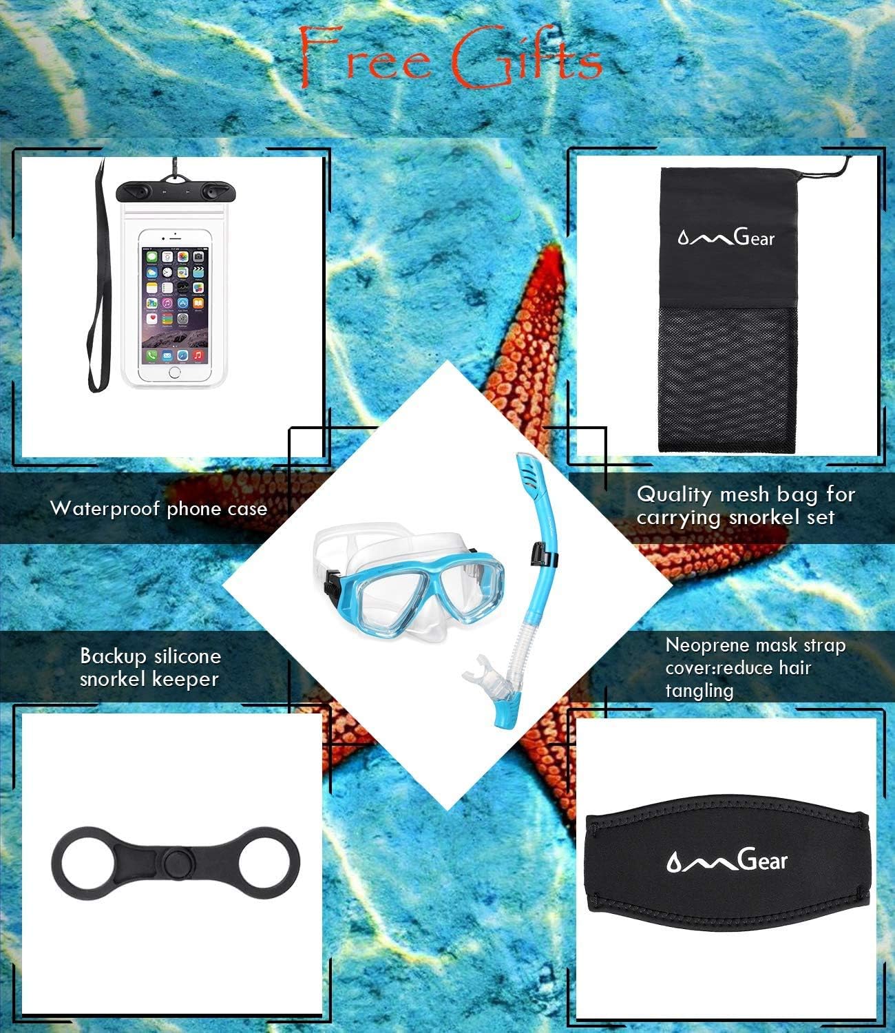 OMGear Snorkel Set Snorkeling Gear Package Diving Set Premium Silicone Dive Goggles Snorkel Goggles Neoprene Strap Scuba Diving Freediving Spearfishing Swimming (Aqua)