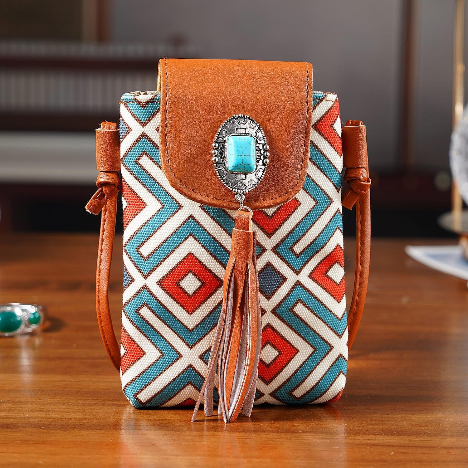 Shop LC Brown Faux Leather Rhombus Pattern Tassel Crossbody Bag with Shoulder Strap