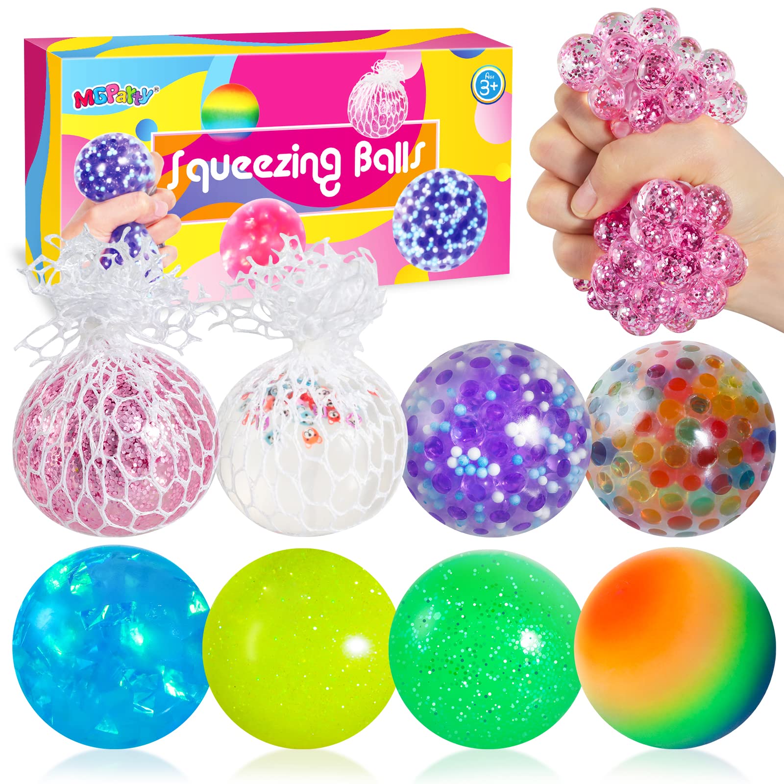 MGparty Stress Balls for Kids Adults 8 Pack Water Beads Squeeze Mesh Balls Toys Stress Relief Sensory Stress Toys Anxiety for Improve Focus ADD ADHD OCD Autism -