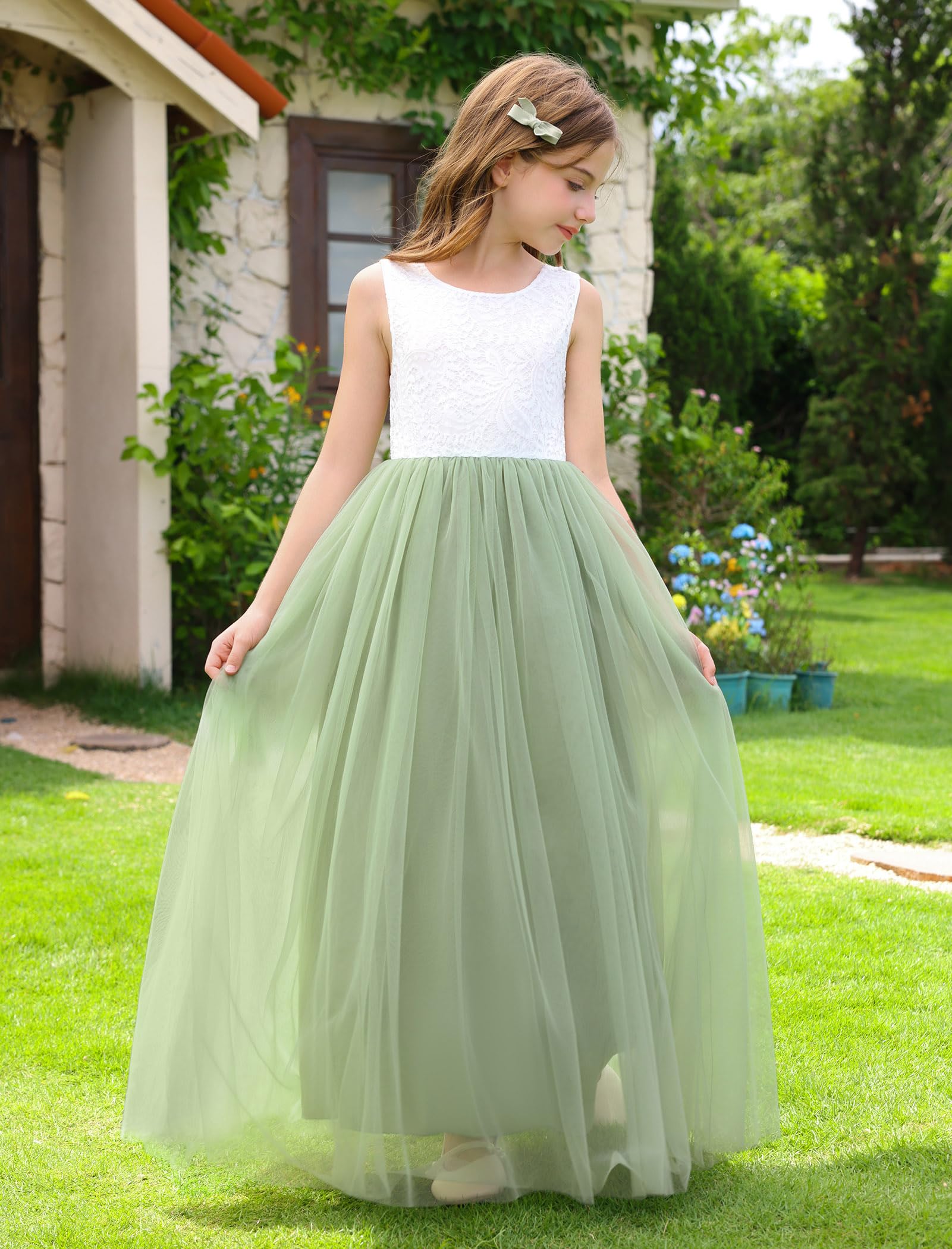 Odizli Blumenmädchenkleider Ärmellos Spitze Rückenfreies Prinzessin A-Linie Tüllkleid Festlich Hochzeit Lang Ballkleid