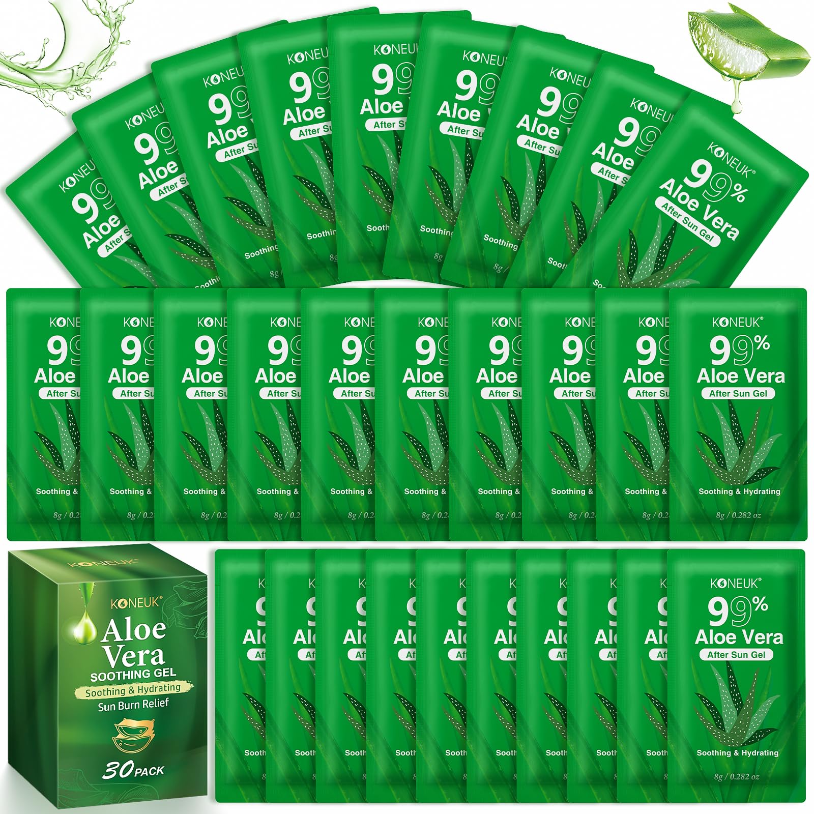 KONEUK 30 Pack Aloe Vera Gel for Face, Hair, Skin, Sunburn Relief, 99% Pure Aloe Vera Gel for After Sun Skin Care Relief, Bulk Aloe Gel Travel Size