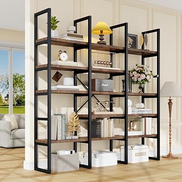 Large Bookshelf 5 Tiers, Triple Wide Geometric Bookcase, 71 Inches Tall Industrial Book Shelves Etagere Book Case, Sturdy Metal Frame, Freestanding Display Shelving Unit, Brown
