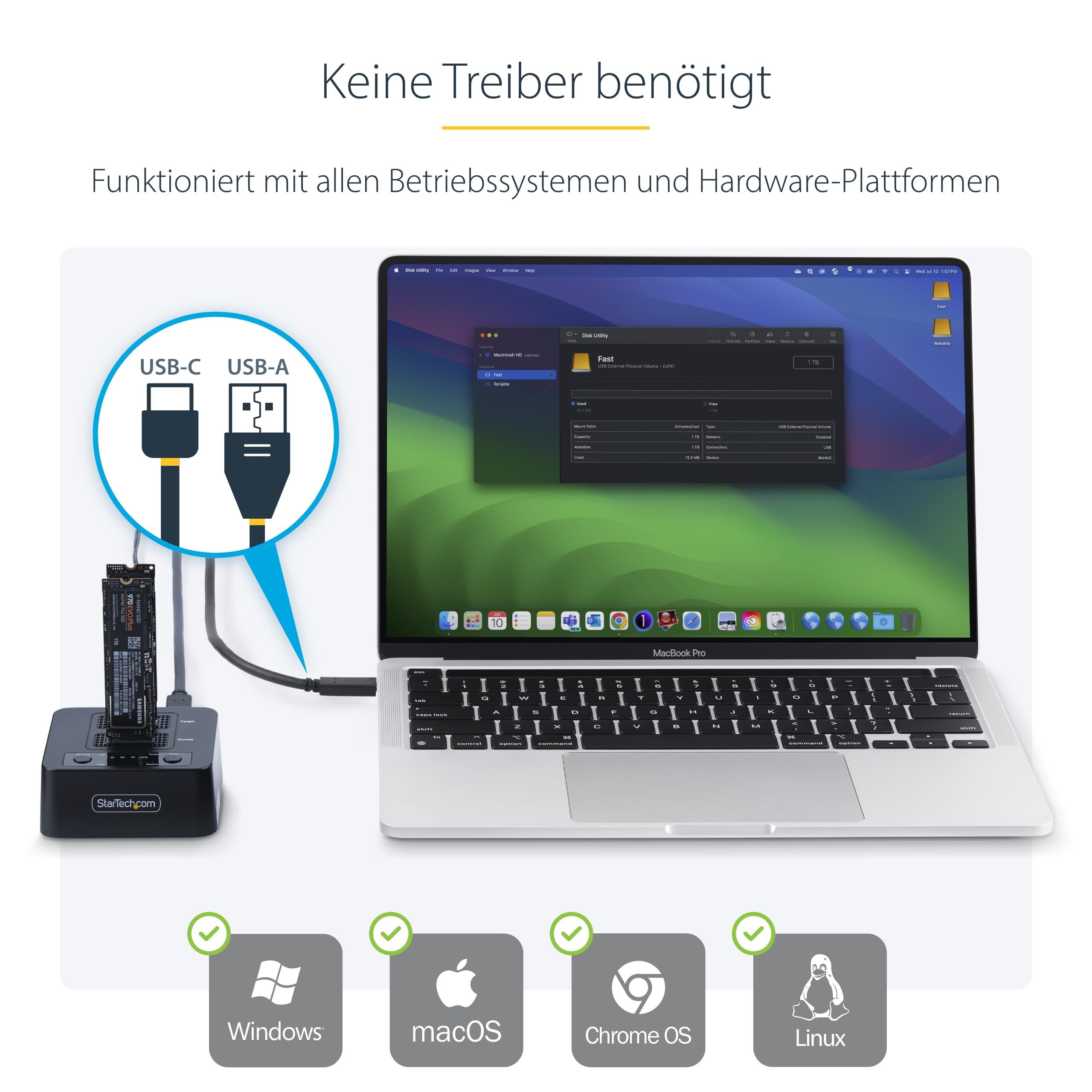 StarTech.com 1:1 M.2 NVMe Kopierstation, 90GB/m Unabhängiger PCIe SSD Duplicator/Clone Station, USB-C 20Gbps Dual-Bay Dock