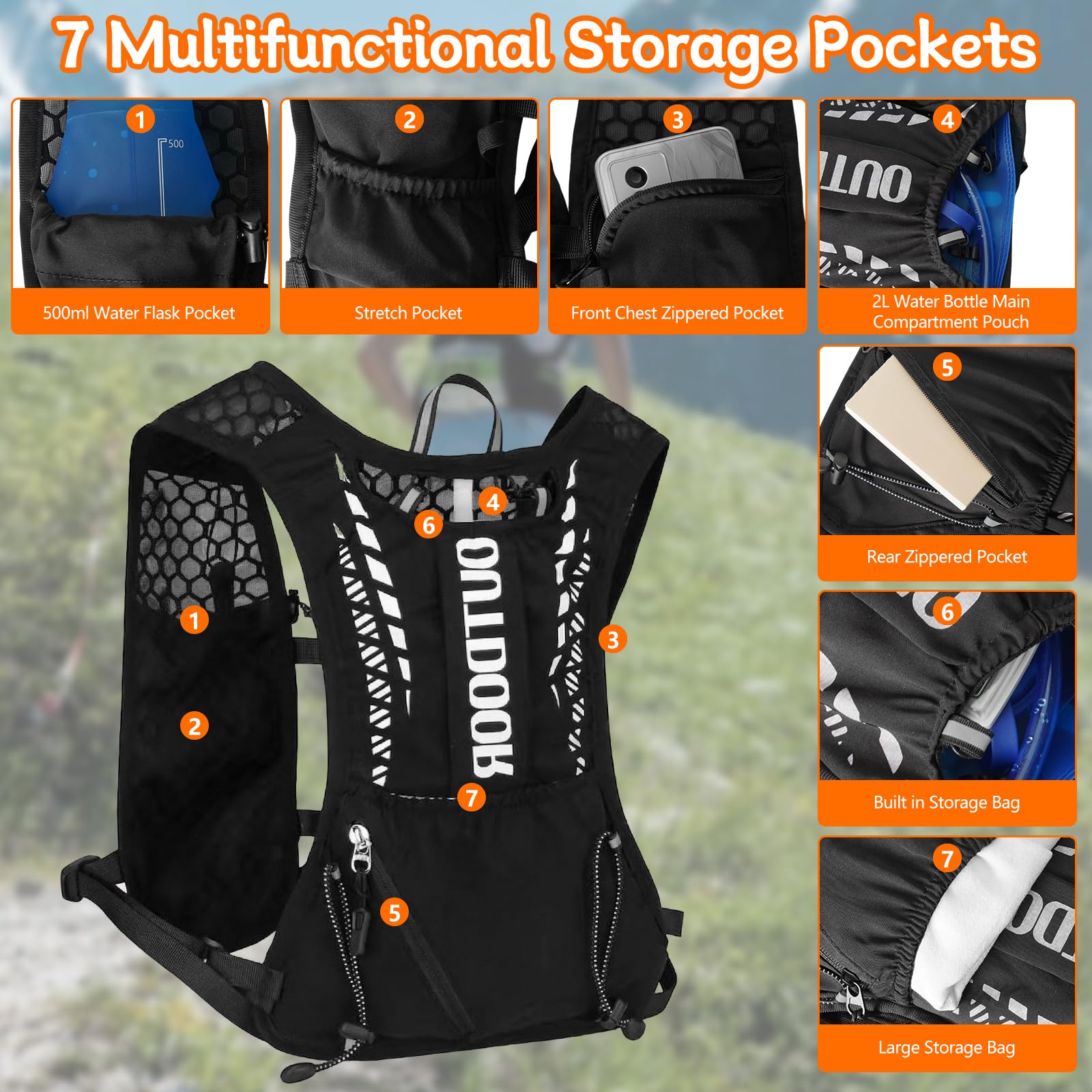 Chaleco Running, Mochila de Correr para Hombre y Mujer, Mochila Hidratación Ligero con Bolsa Agua 2L & Botella 500ml, Chaleco Hidratación Trail para Correr Trail Marathoner Running