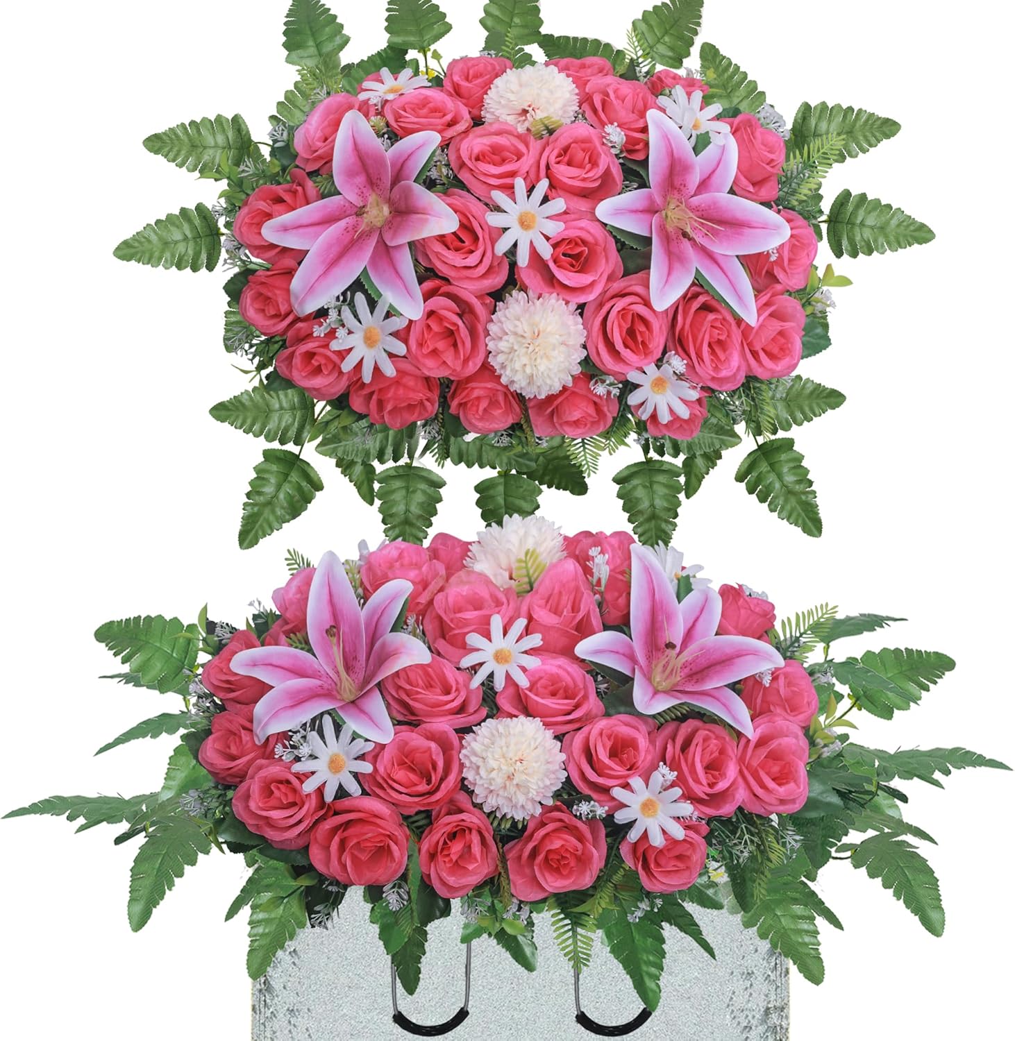 Lodou Artificial Cemetery Flower Saddles,Headstone Saddles for Graves,Lily Rose Flowers Saddle for Cemetery Headstones Decoration Outdoor Memorial Decorations (Purple Lily, Saddle)