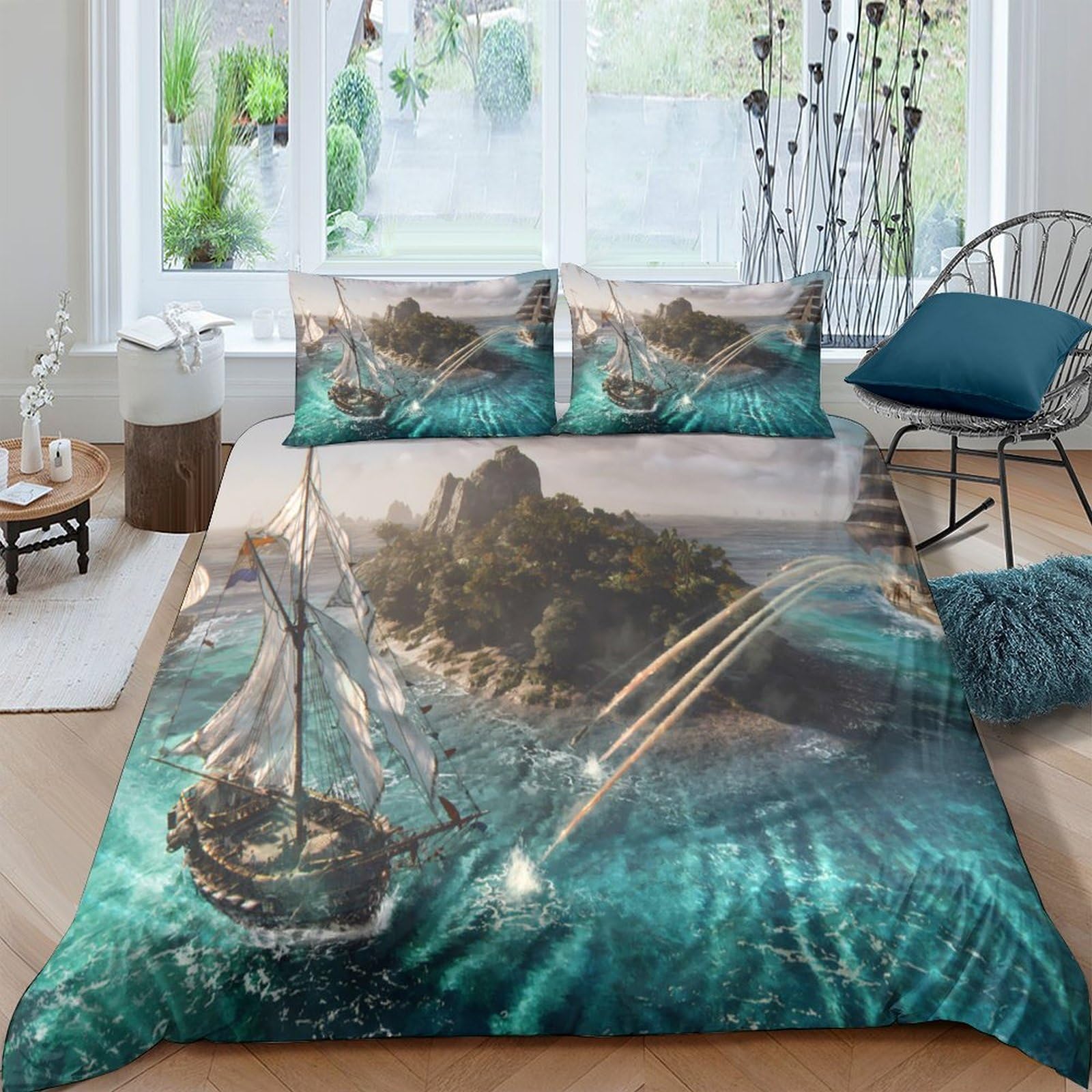Ctjqhvkz Style-4 3D Printed Pirate Ship Fitted Sheet Microfiber Ocean Island Bed Cover Bedroom Decor Anti-Slip Machine Washable Single（135X200cm）