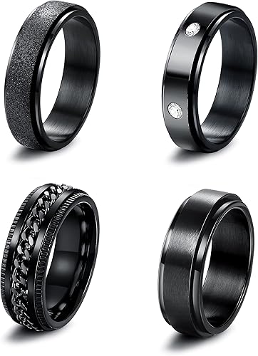CASSIECA Black Spinner Rings for Men Women Stainless Steel Fidget Rings Cool Chain Inlaid Anxiety Rings 6-8mm Wide Stress Relieving Wedding Promise