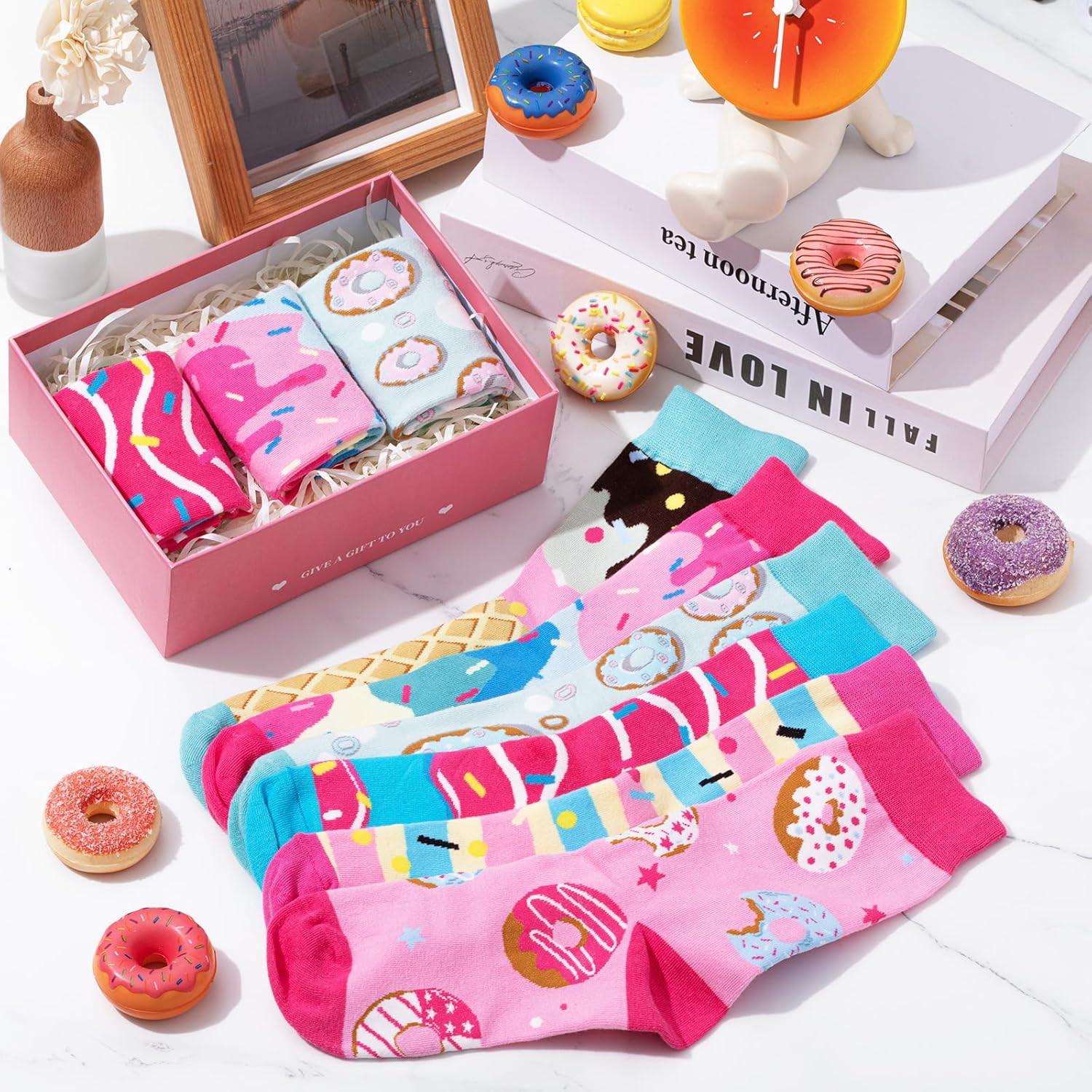 Chuarry 6 Pairs Funny Donut Socks for Women Christmas Gifts Macaron Ice Cream Cotton Food Donut Crew DIY Cupcake Socks for Christmas Valentine‘s Day Teacher Colleague Gifts - Image 3