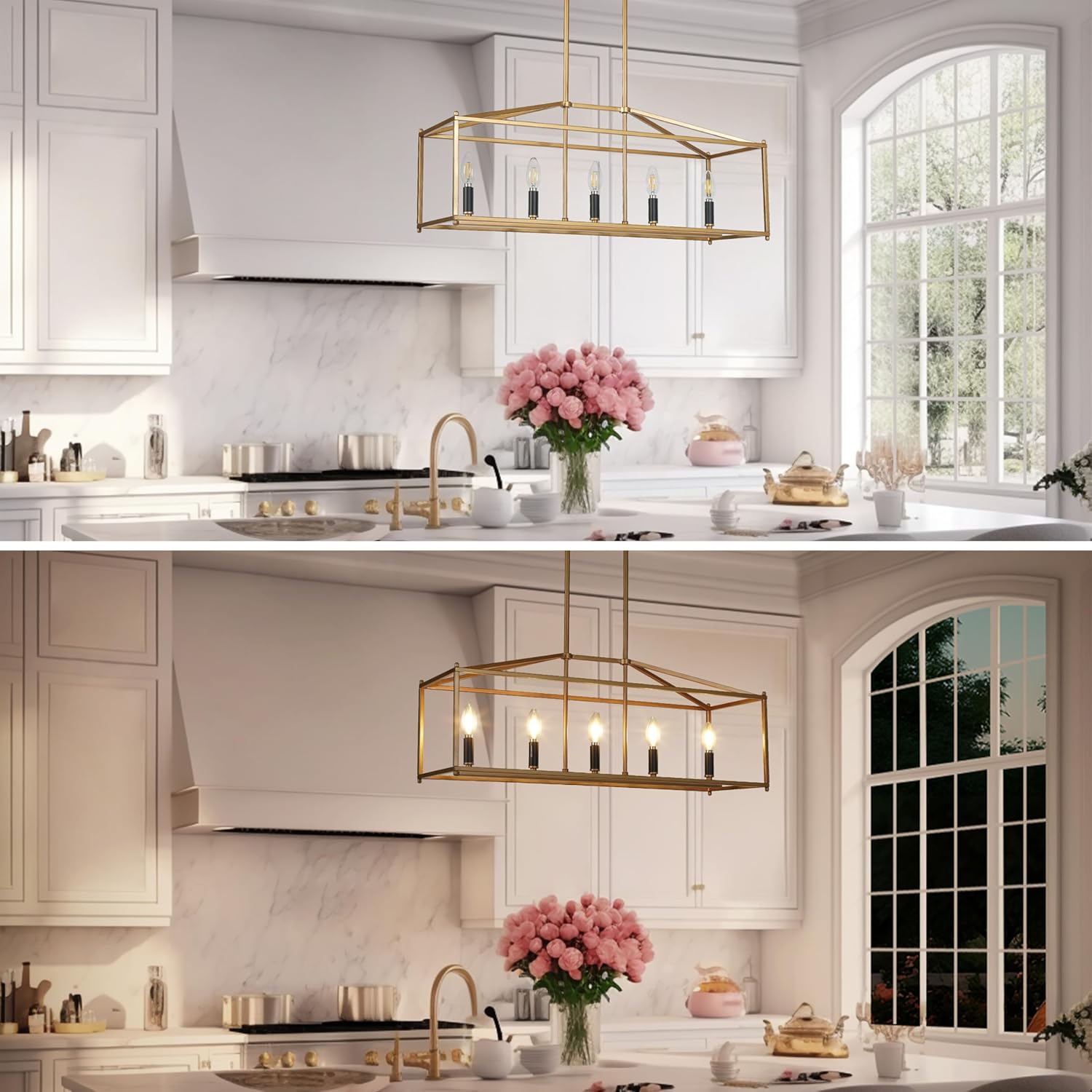 Overstock Modern Gold 5-Light Rectangle Chandelier Airy Frame Kitchen Island Light - L30 x W10.2 x H12