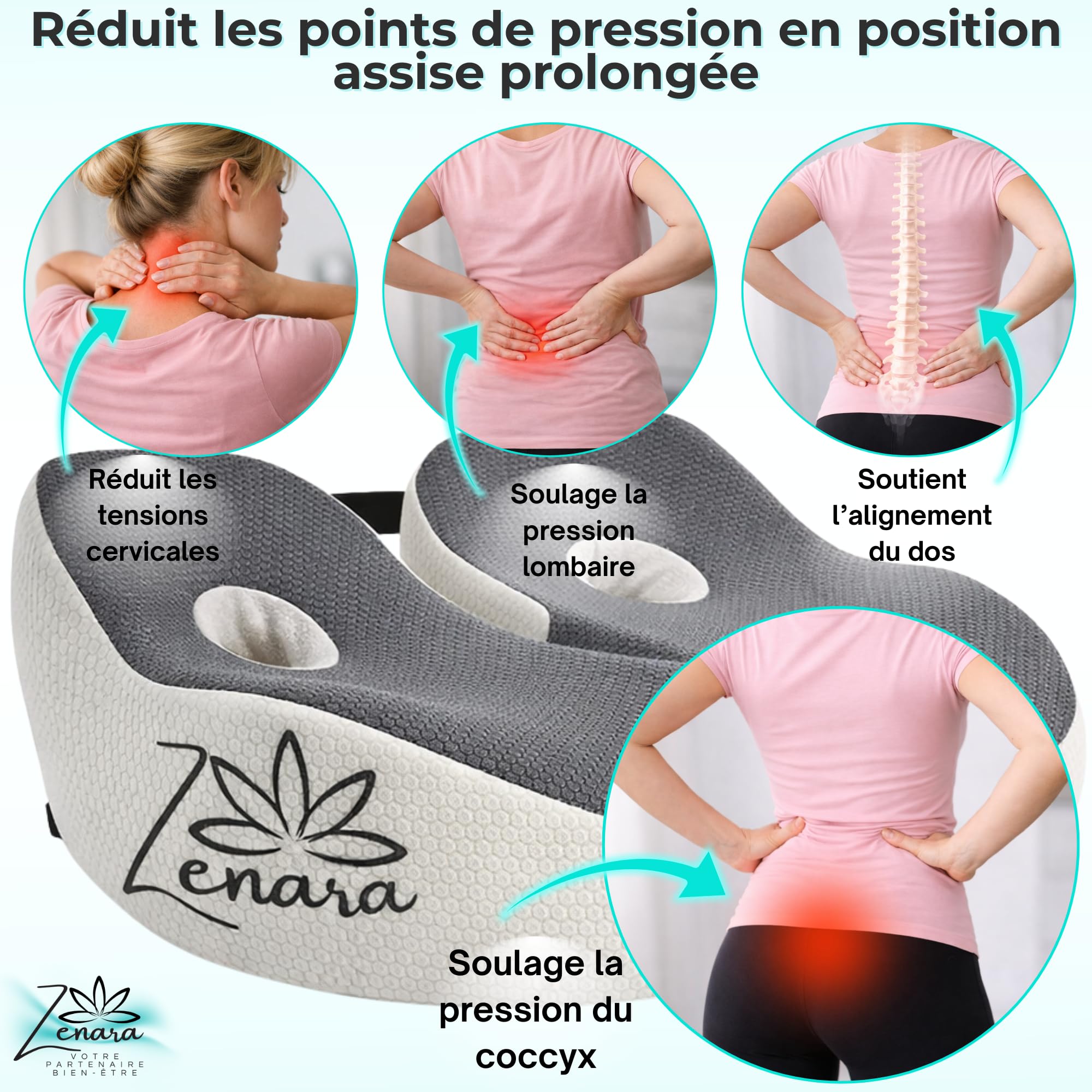 Zenara Coussin Coccyx Chaise Bureau Ergonomique – Coussin Orthopédique Assise en Mousse à Mémoire de Forme – Coussin Siège Voiture et Bureau pour Améliorer la Posture et Réduire la Pression Coccyx