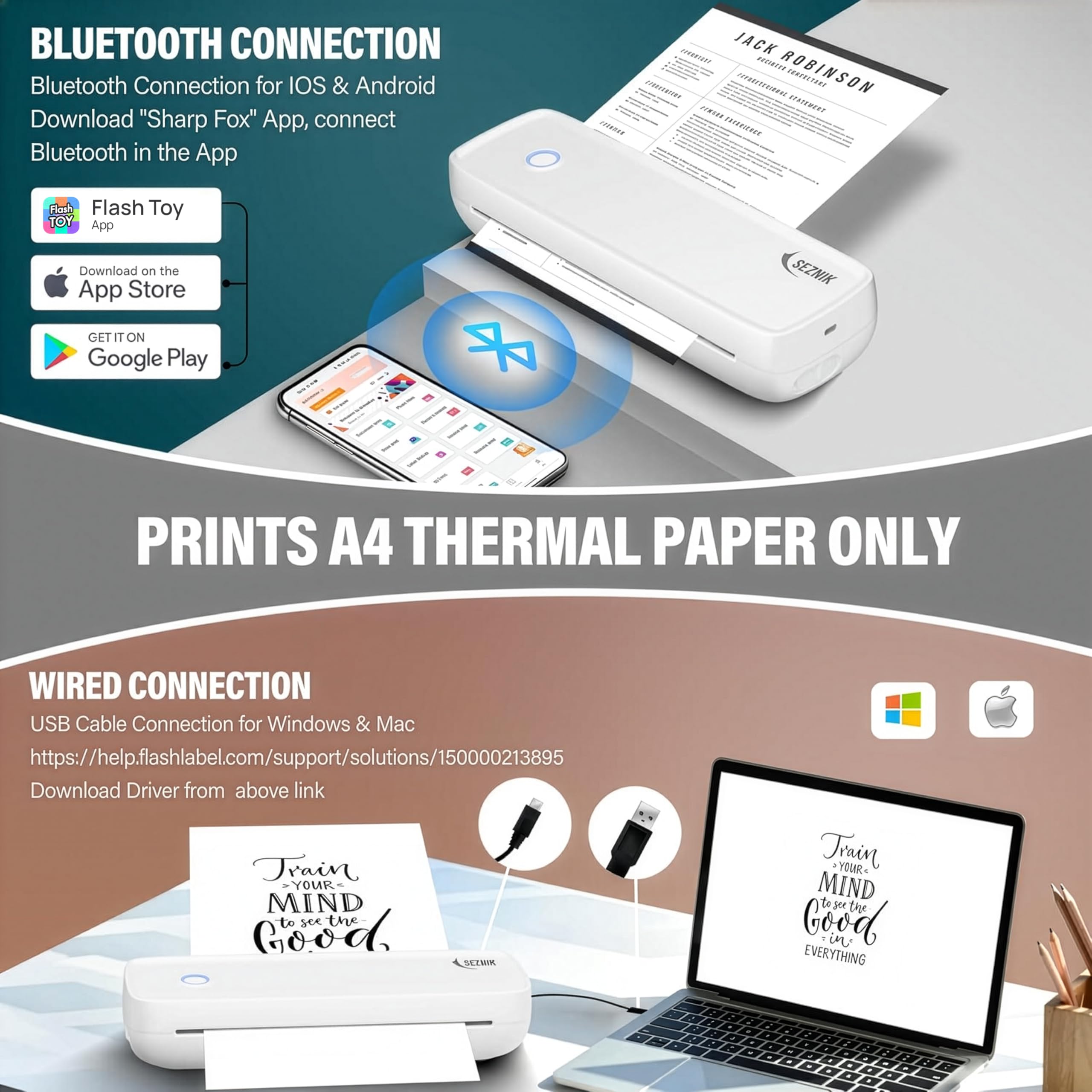 SEZNIK Portable Inkless A4 Thermal Printer | Portable Mini Printer | USB, Bluetooth Printer Android iOS | 1 Year Warranty (ProHD-304dpi-White) 1