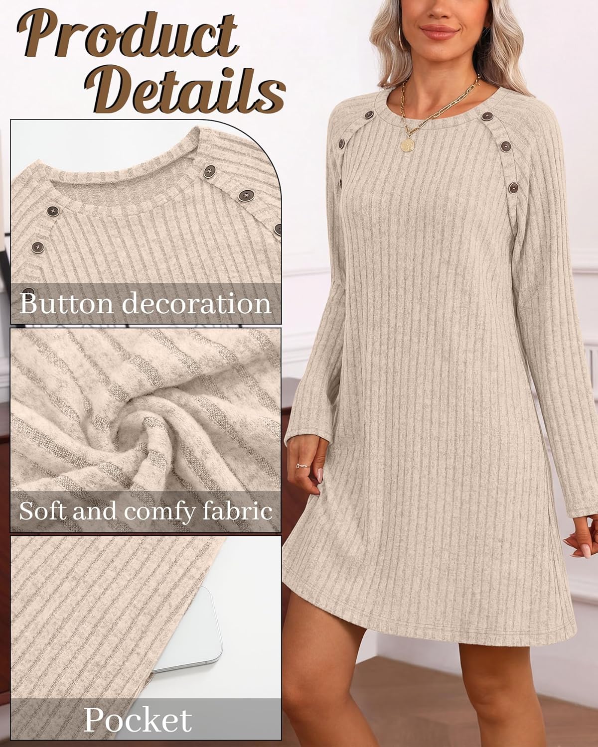 Women's Long Sleeve Loose Sweater Dress Crew Neck Knit Dress with Pocket Ribbed Button Side Fall Casual Tunic Top - Image 4