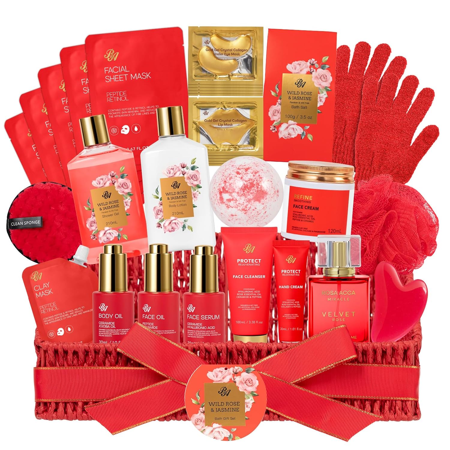 32 Pcs Mother's Day Gift, Red Rose Bath and Body Gift Basket Set for Women, Hydrating Face Skin Care Set, Home Spa Basket, Self Care Set, Birthday, Christmas, Anniversary, Wife, Mom