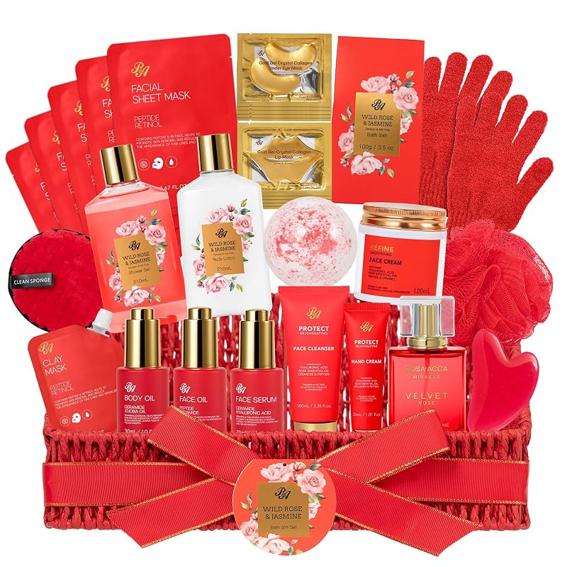 Kit de presentes RA ROSA ACCA com 35 peças para cuidados da pele e banho, cesta rosa