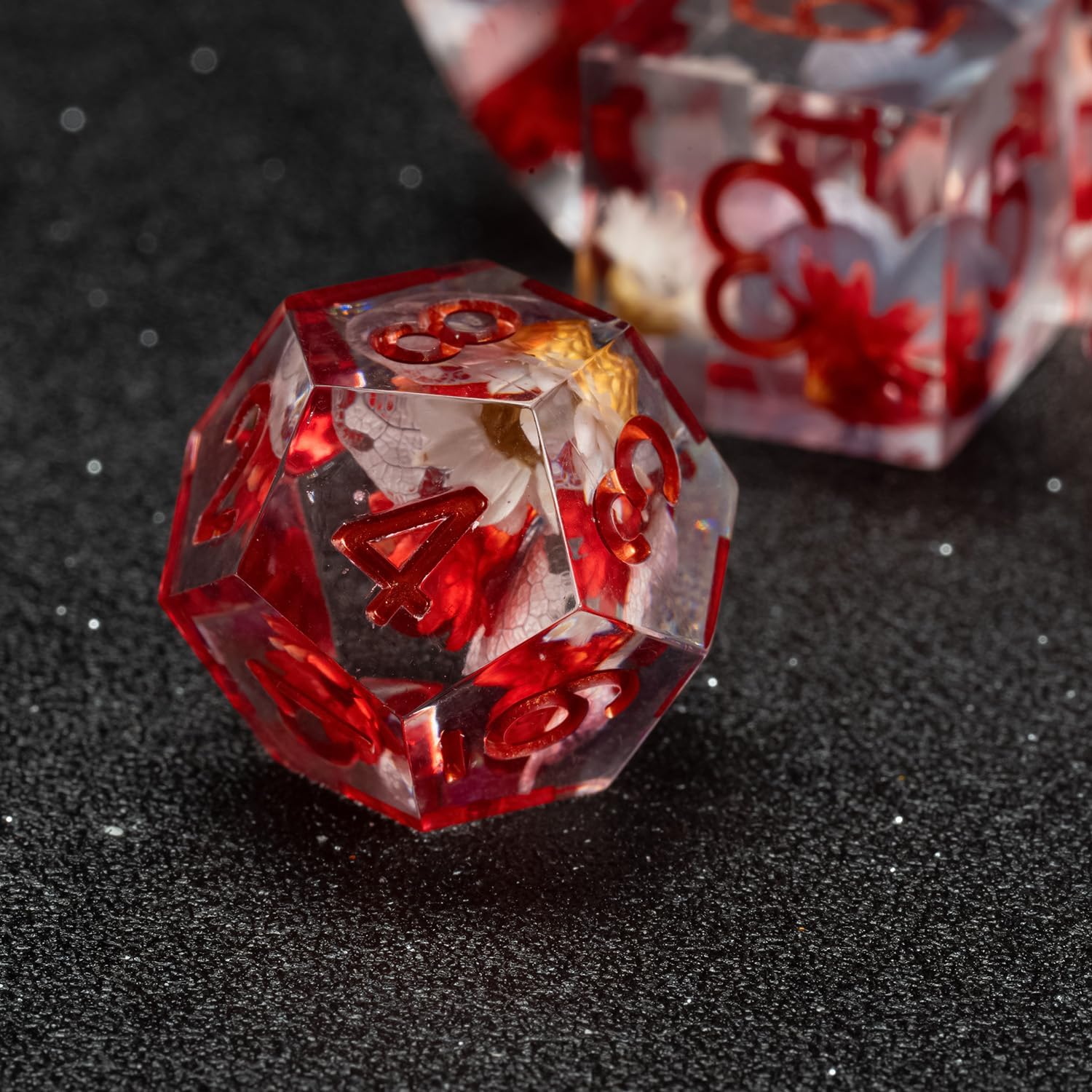 Fugacity DND Dice Set, Handmade Sharp Edge 7 Piece Resin Dice-Dungeons and Dragons Polyhedral Dice Set, D&D Dice Set with Gift Dice Case for RPG MTG Table Games(White Flower & Red Leaf)