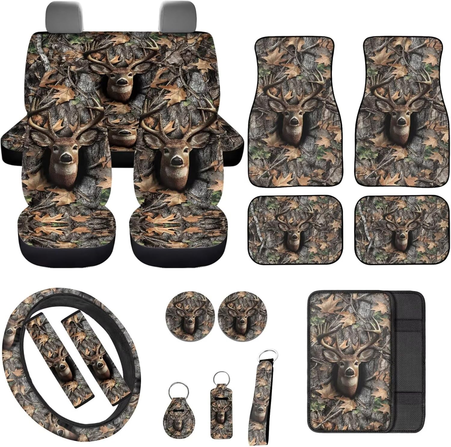 CLOHOMIN Camo Hunting Car Seat Cover Full Set Car Floor Mat, Deer Seat Belt Cover, Steering Wheel Cover 17 PCS Car Accessories Universal Fit for Car SUV Truck Sedan Van