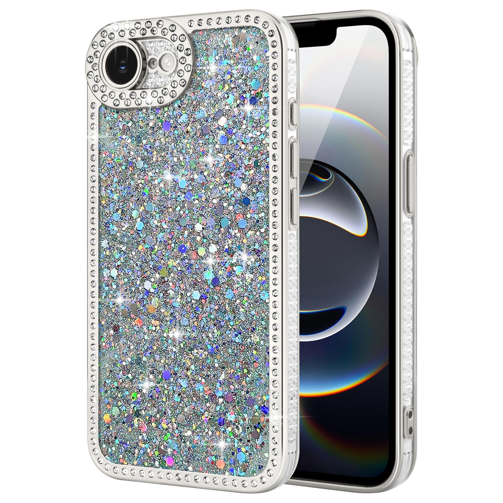 Lafunda iPhone 16e 用 ケース キラキラ ラメ ダイヤモンドストーン デコ 女の子 豪華 人気 衝撃吸収 TPU 軽量 落下防止 おしゃれ ワイヤレス充電対応 アイホン16e 用携帯ケース 6.1インチ対応 シルバー
