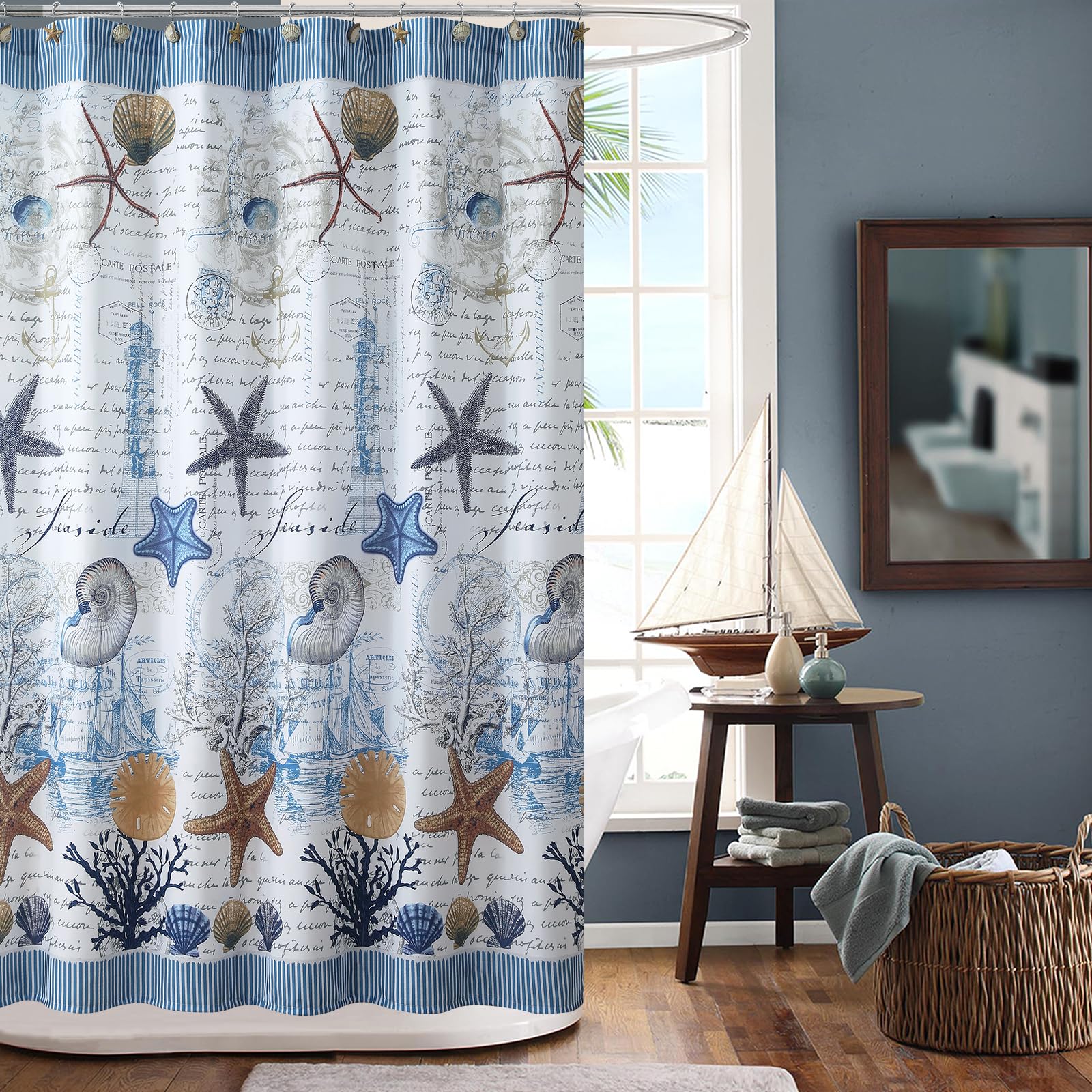DS baño bajo el mar azul decorativa de concha marina cortina de ducha de tela de poliéster, resistente al moho cortinas de ducha para baño, diseño de baño cortinas