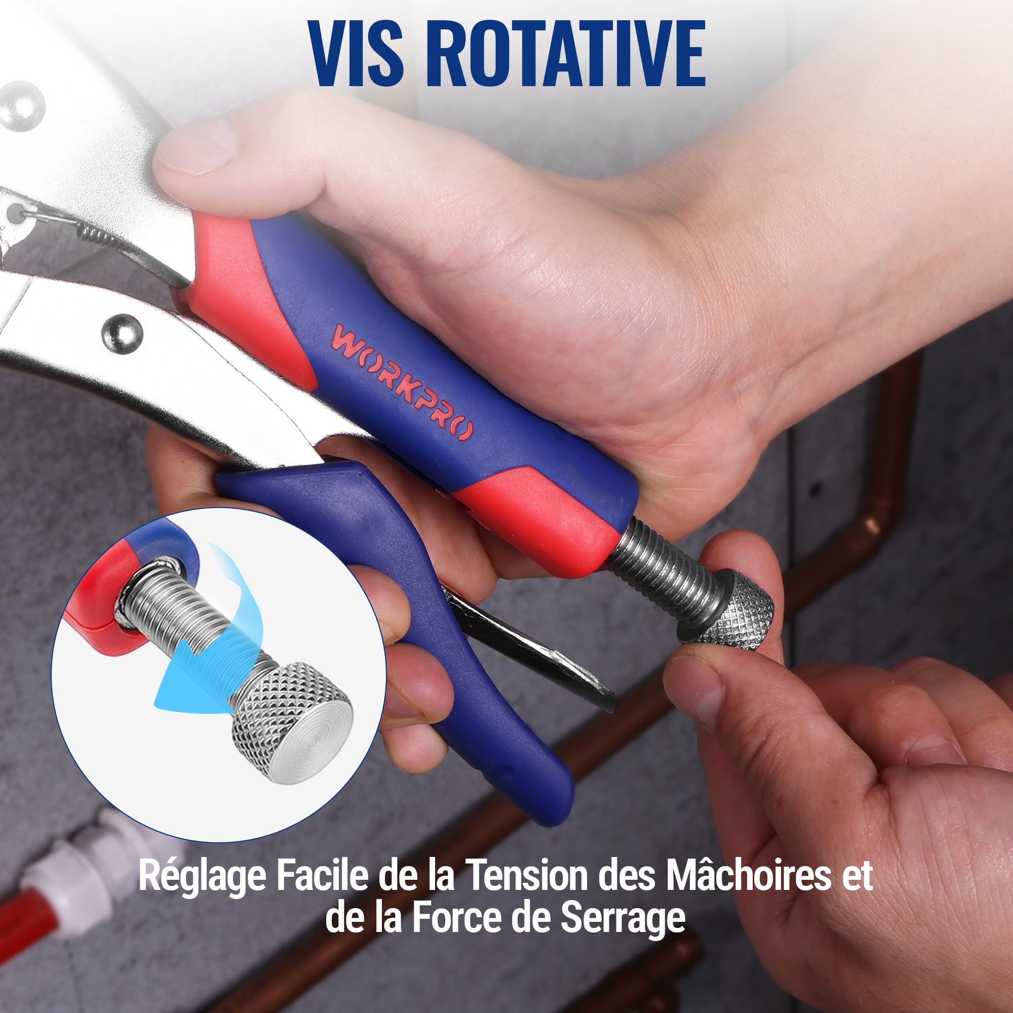 WORKPRO Jeu de 3 Pinces-Étaux Autobloquantes, Pince-Étau à Bec Long 165 mm et Pinces-Étaux à Mâchoires Courbes 180 mm et 255 mm, Cr-V, Déverrouillage Rapide, Poignées Bi-matière Antidérapantes