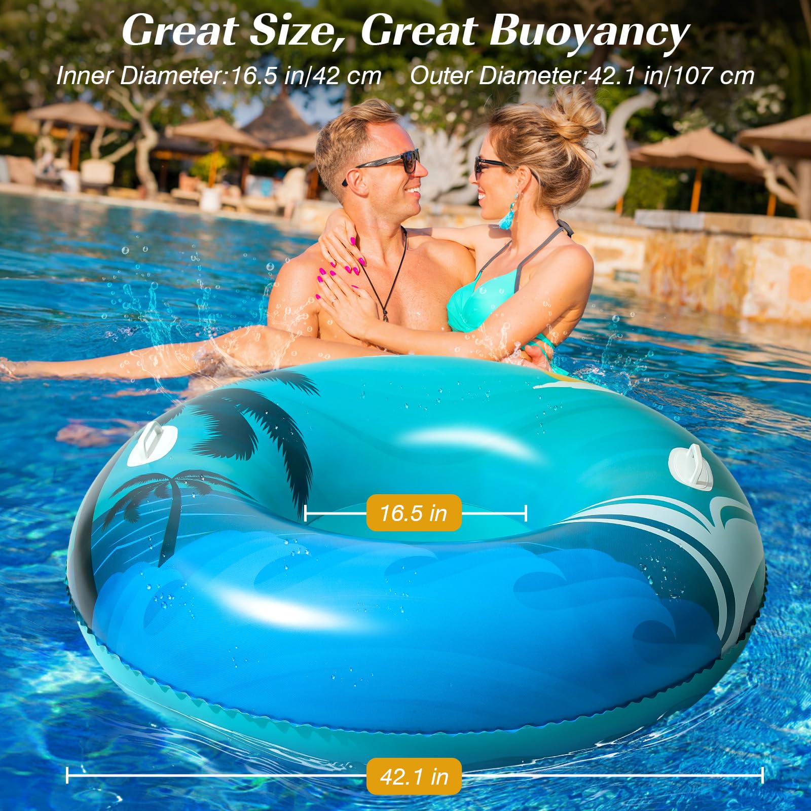 HeySplash Pool Inflatables for Adult,108CM Large Swim Rubber Ring with Handles,Inflatable Swimming Tube,Float Toy for River Beach Lake Party Decoration,Pool Tube for Floating Raft Blue Green Beach - Image 2