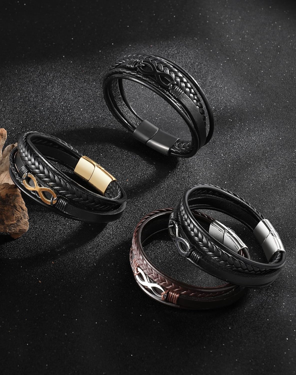 Mens Cuff Infinity Bracelet - Stainless Steel Genuine Leather Bracelets for Men - Multilayer Row Punk Jewelry - Image 2