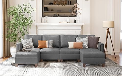 Miniatura 18 de SITJOY Sofá modular modular de piel sintética de 118 pulgadas con almacenamiento, sofás modulares modernos de mediados de siglo para sala de estar,