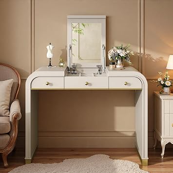 38.75" Solid Wood Vanity Desk with Flip Mirror, 3-in-1 Makeup Vanity for Small Space, Flip Top Vanity Side Table with 2 Drawers and Storage Space for Bedroom, Champagne