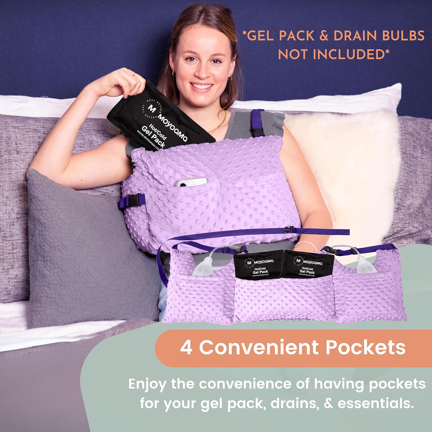 MOYOAMA Post Mastectomy Pillow Post Surgery - Wearable Chest Protection with Secure Straps, Easy-Clean Removable Cover, & Pockets - Breast Reduction/Augmentation & Double Mastectomy Recovery Supplies