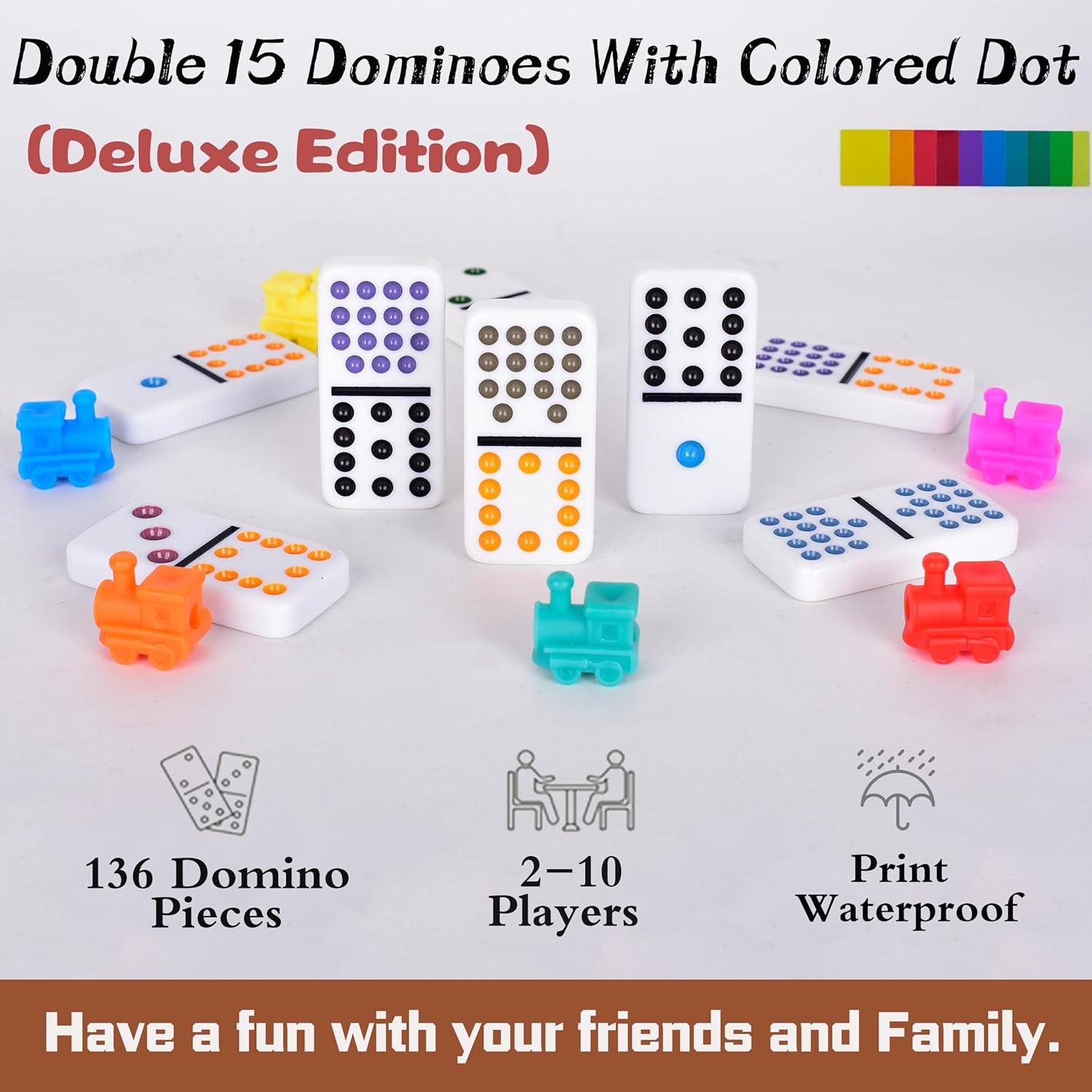Double Fiffteen Mexican Train Dominoes,Mexican Train Double 15 Dominoes Set Colored Dot,Dominoes set for adult,Classic Board Game,136 Tiles, 9 Trains, Deluex Octagon Hub, Aluminum Case (2-10 player)
