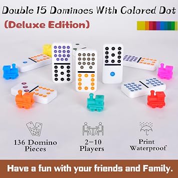 Double 15 Mexican train dominoes game with Colorful Dot,Dominoes set for adults, professional Classical Dominoes set with Aluminum Case,1 Domino Hub, 9 Colorful train, 136 Domino Tiles (2-10 players)