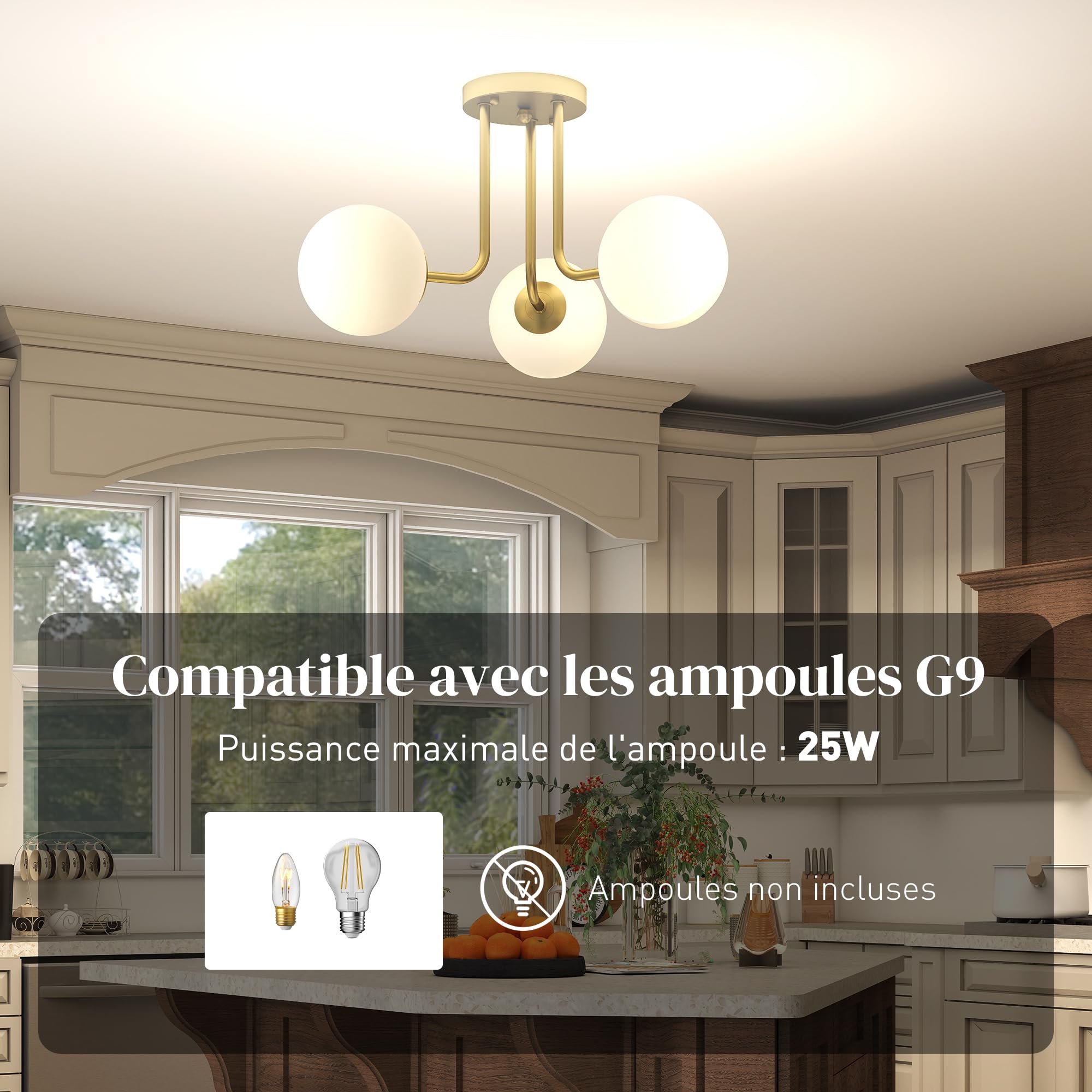 HOMCOM Plafonnier LED 25W Plafonnier 3 Lumières Globe Doré | Douilles G9, Lampe de Plafond Moderne, pour Salon, Couloir, Salle à Manger, Cuisine