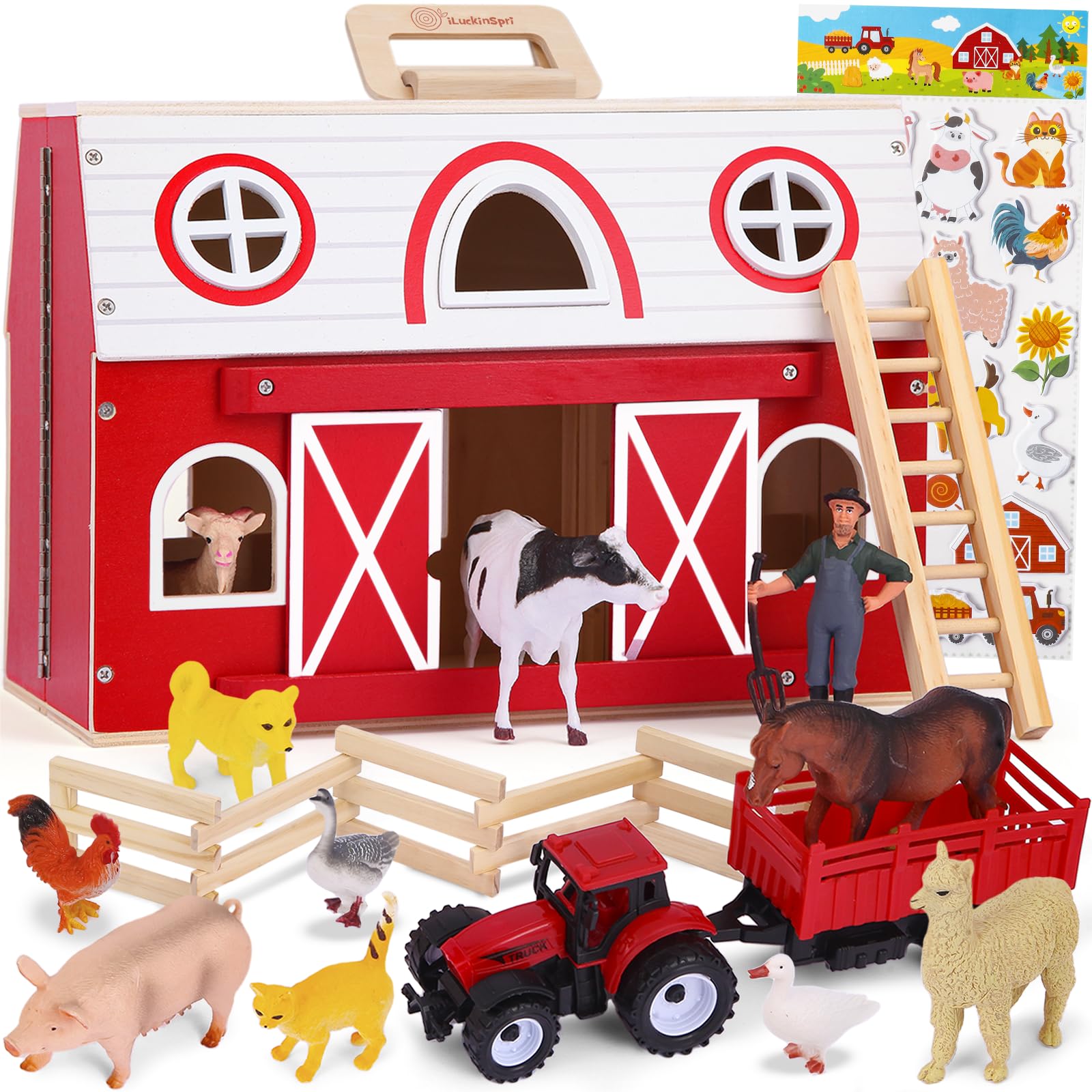 Set da gioco in legno con animali della fattoria e adesivi
