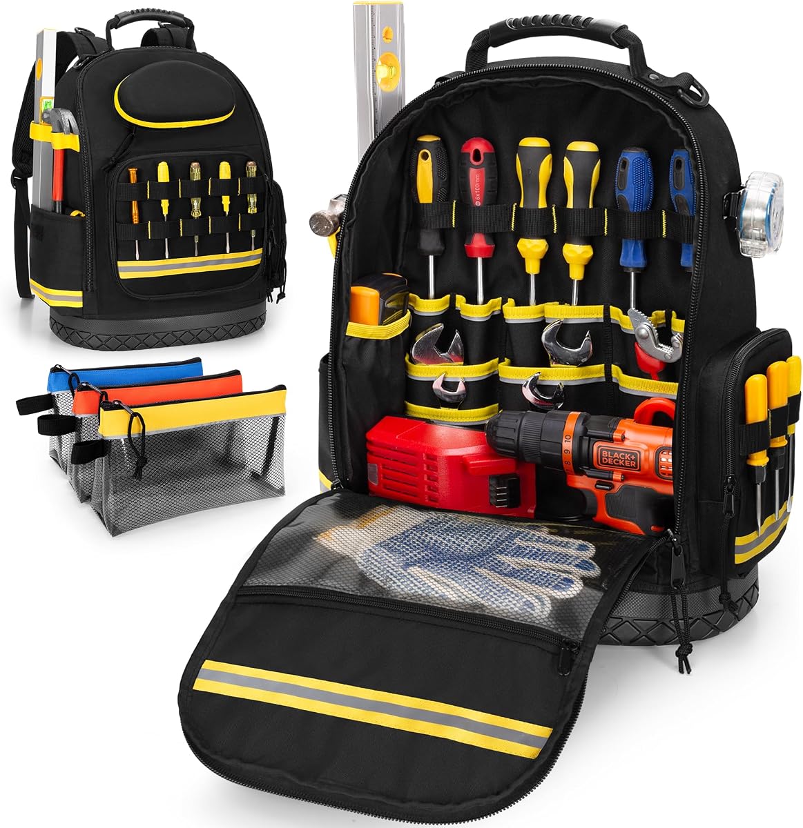Tool Backpack with Hard Bottom, Electrician Tool Bag with 3 Pouches | Heavy Duty Tool Organizer for Men, Reflective Strips, Ideal for Electrician, Carpenter