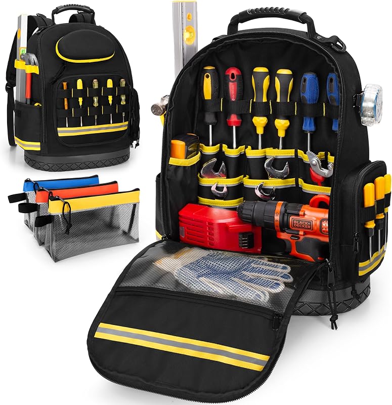 Tool Backpack with Hard Bottom, Electrician Tool Bag with 3 Pouches | Heavy Duty Tool Organizer for Men, Reflective Strips, Ideal for Electrician, Carpenter