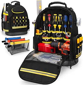 Trahzia Tool Backpack for Men with Hard Bottom, Heavy Duty Tool Bag with 3 Tool Pouches, Tool Organizer for Electrician, Construction, Technician, Black