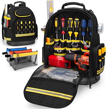 Tool Backpack with Hard Bottom and 3 Pouches, Heavy Duty Tool Organizer Bag for Men Electrician, Construction, Black