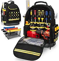 Mochila de ferramentas com fundo rígido e 3 bolsas, bolsa organizadora de ferramentas resistentes para eletricista, construção, preta