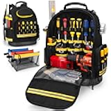 Trahzia Tool Backpack with Hard Bottom and 3 Pouches, Heavy Duty Tool Organizer Bag for Men Electrician, Construction, Black