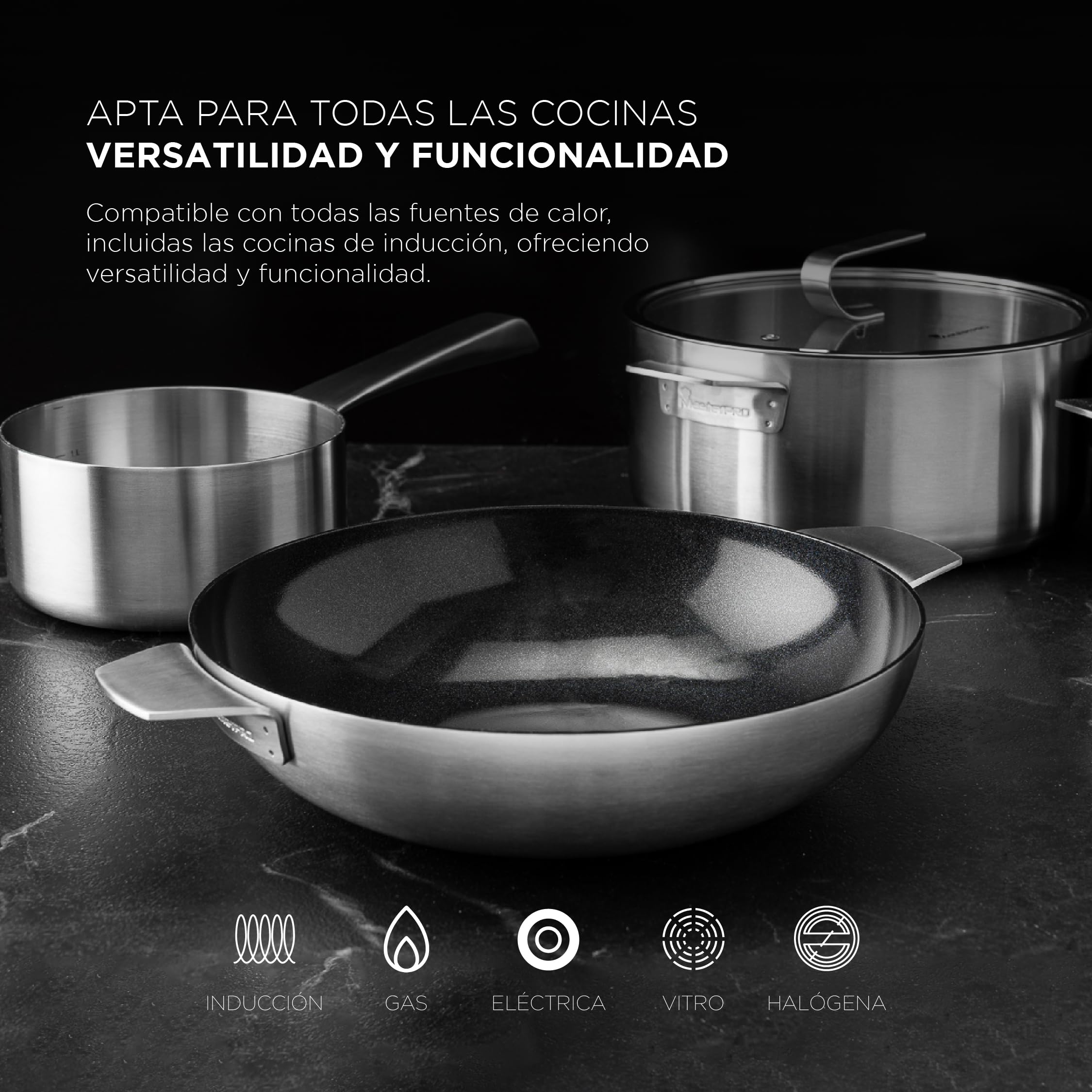 MasterPro SIGMA - Wok Sin Tapa 28 cm 9.23L Acero Inoxidable - Revestimiento Cerámico Swiss Crystals - Mango Largo - Apta para Todas Cocinas - Lavado a Mano Recomendado