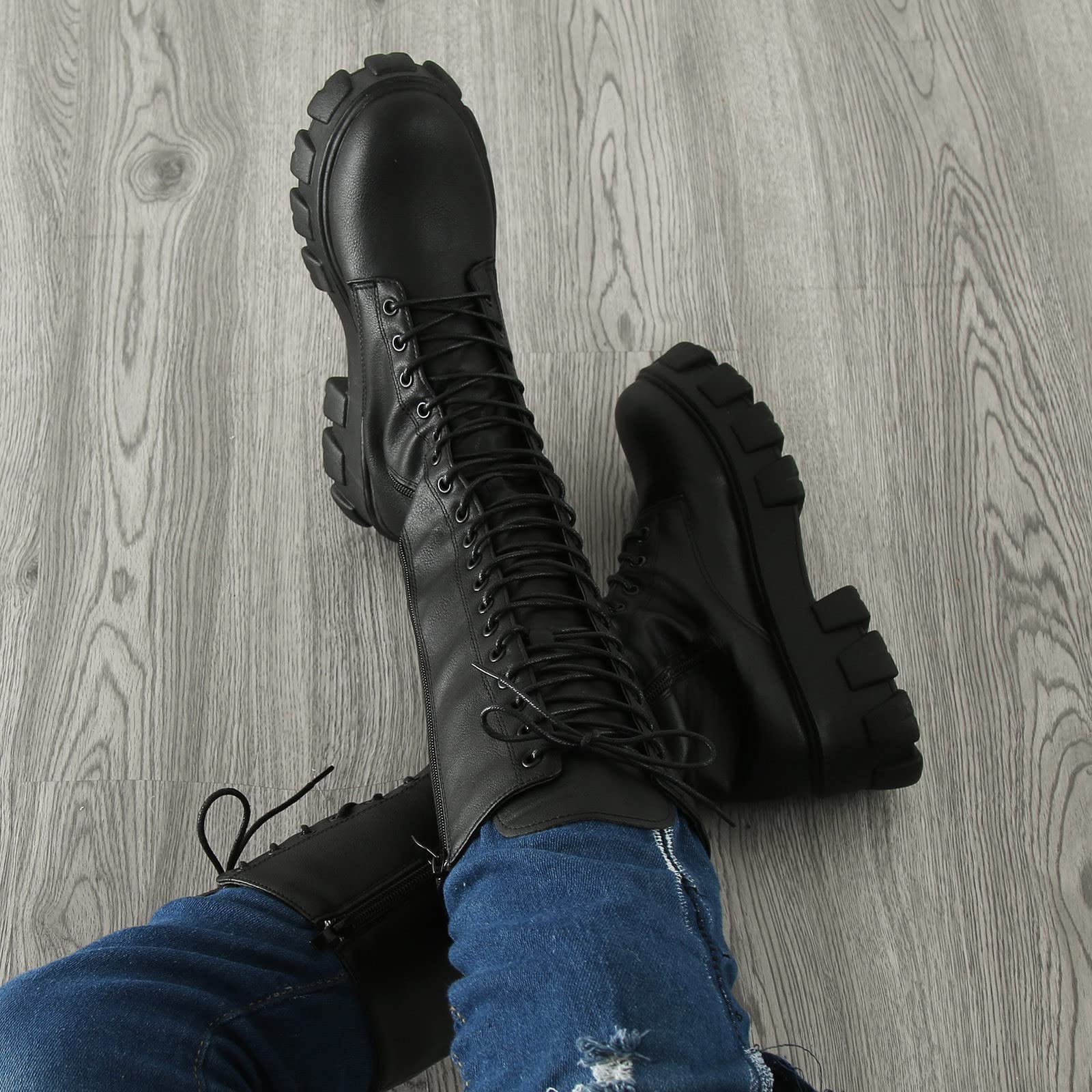 Bottes Hautes Femme mit Mollet Large Confortables Botte Western Longue Classiques Bottes Equitation de Hiver à Lacet Réglable Bottines Chaude et Durable Botte au-Dessus du Genou Boots Cuir z22