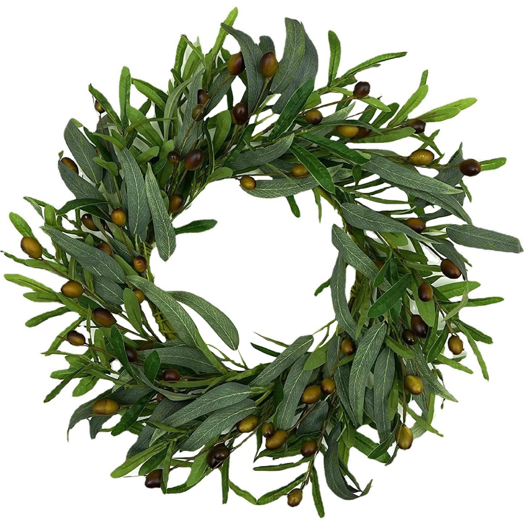 Tsawntd Wreaths, Olive Wreath, 18 Inch Artificial Greenery Wreath with Sturdy Iron Ring, Realistic Olive Branch and Leaf for Spring Summer Home Decor