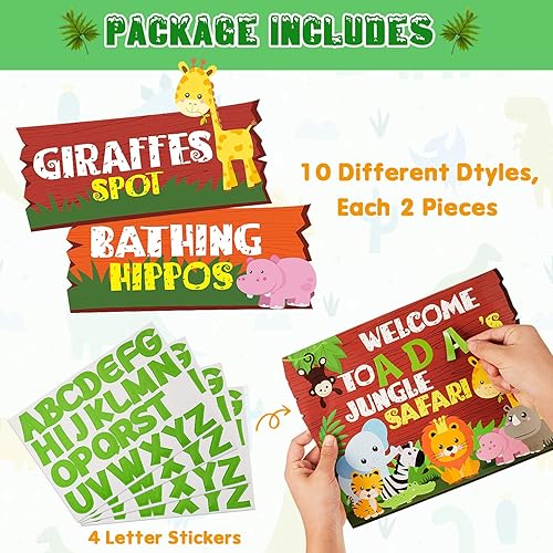 Miniatura 4 de 20 carteles de fiesta de safari en la selva, letreros de animales para decoración de animales salvajes direccionales para niños, decoraciones de