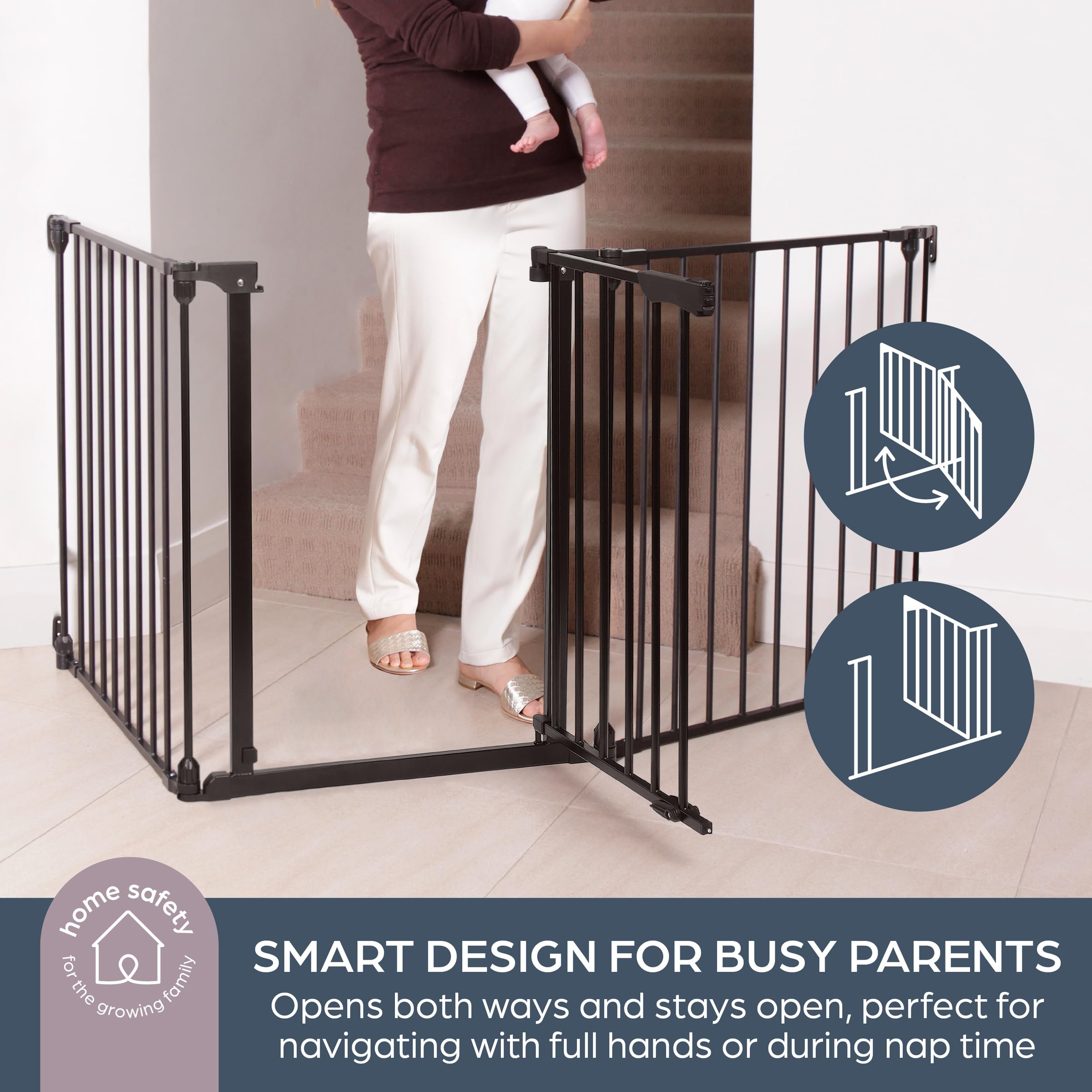 Dreambaby Discovery Metalowa bramka dla dzieci, 1,95 m, bardzo szeroka, 3-panelowa, do otworów kątowych, konfigurowalna do schodów i korytarzy, wysokość 74 cm