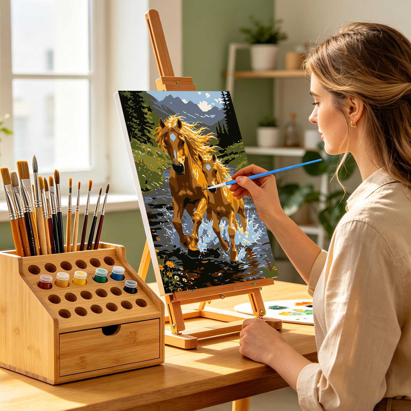 NEWENMO Two Horses Paint by Numbers for Adults with Frame 20x30cm