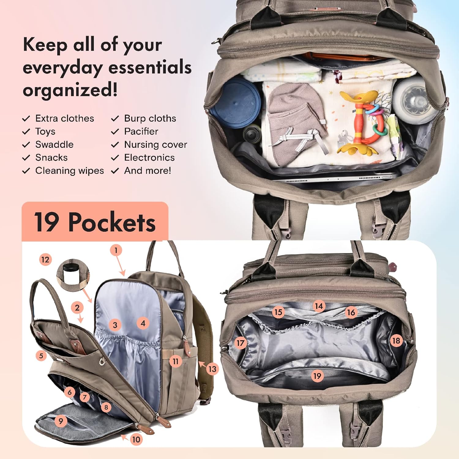 Dikaslon Diaper Bag Backpack with Portable Changing Pad, Pacifier Case and Stroller Straps, Large Unisex Baby Bags for Boys Girls, Multipurpose Travel Back Pack Moms Dads,Khaki - Image 3