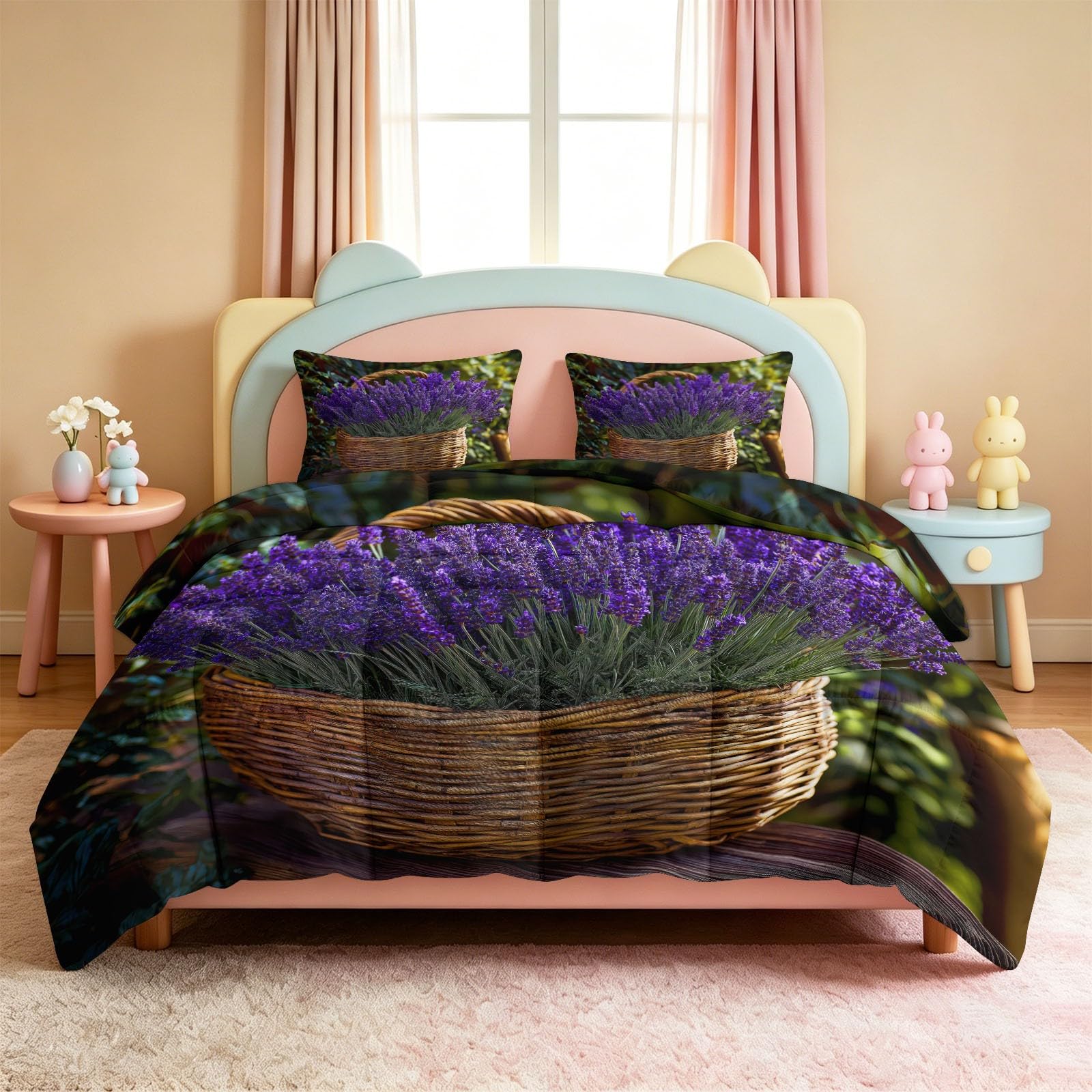 Genérico Kołdra z wypełnieniem nordyckim 220x240cm Lavender Flower Basket Quilt Bedding 3D Print Soft Breathable, Supersoft 4 Seasons with 2 Pillowcases