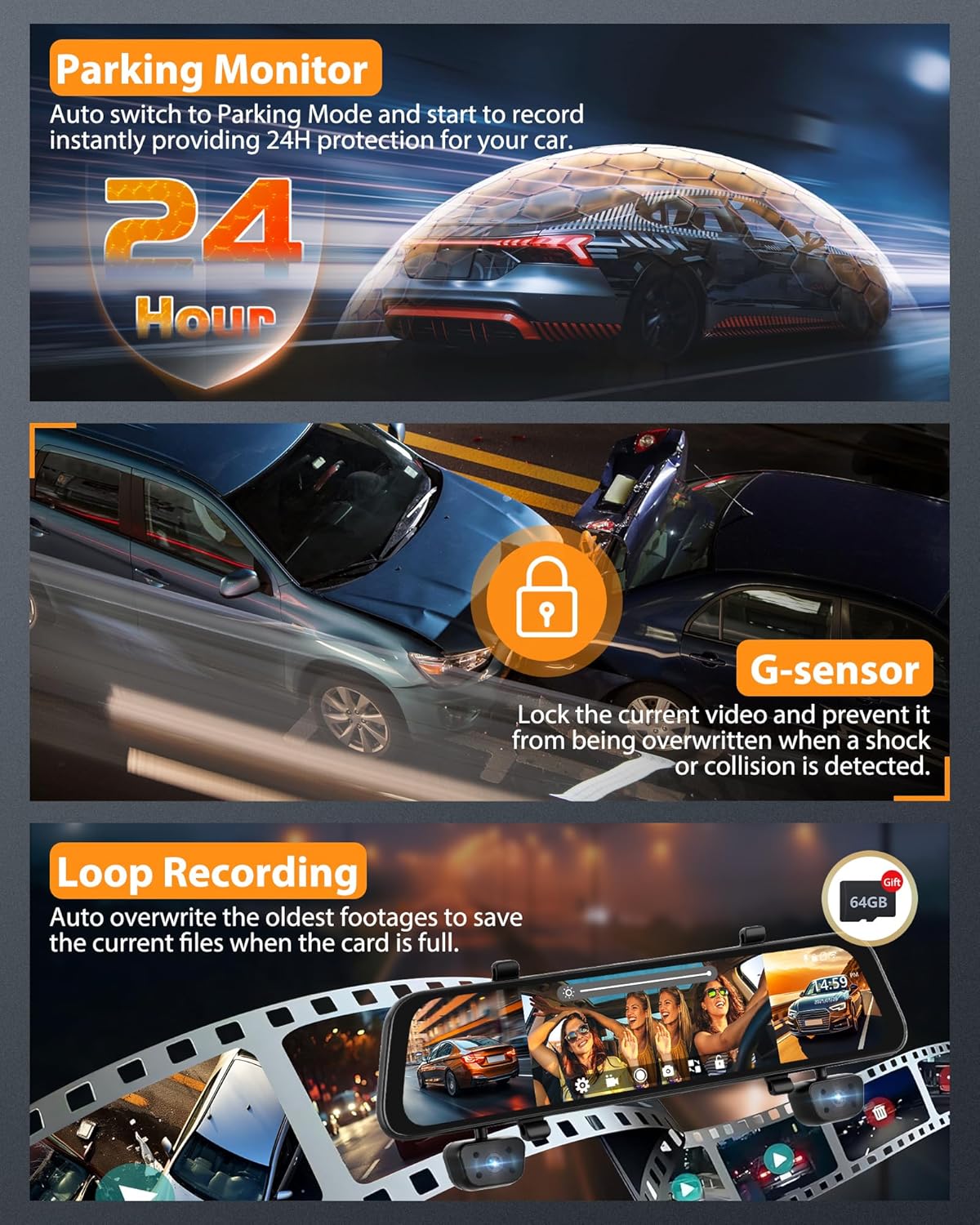 4 Channel Mirror Dash Cam 1080P Front and Rear/Inside 12’’ Touch Screen HD Rearview Mirror Dash Cam with G-Sensor GPS Parking Monitor Built-in WiFi