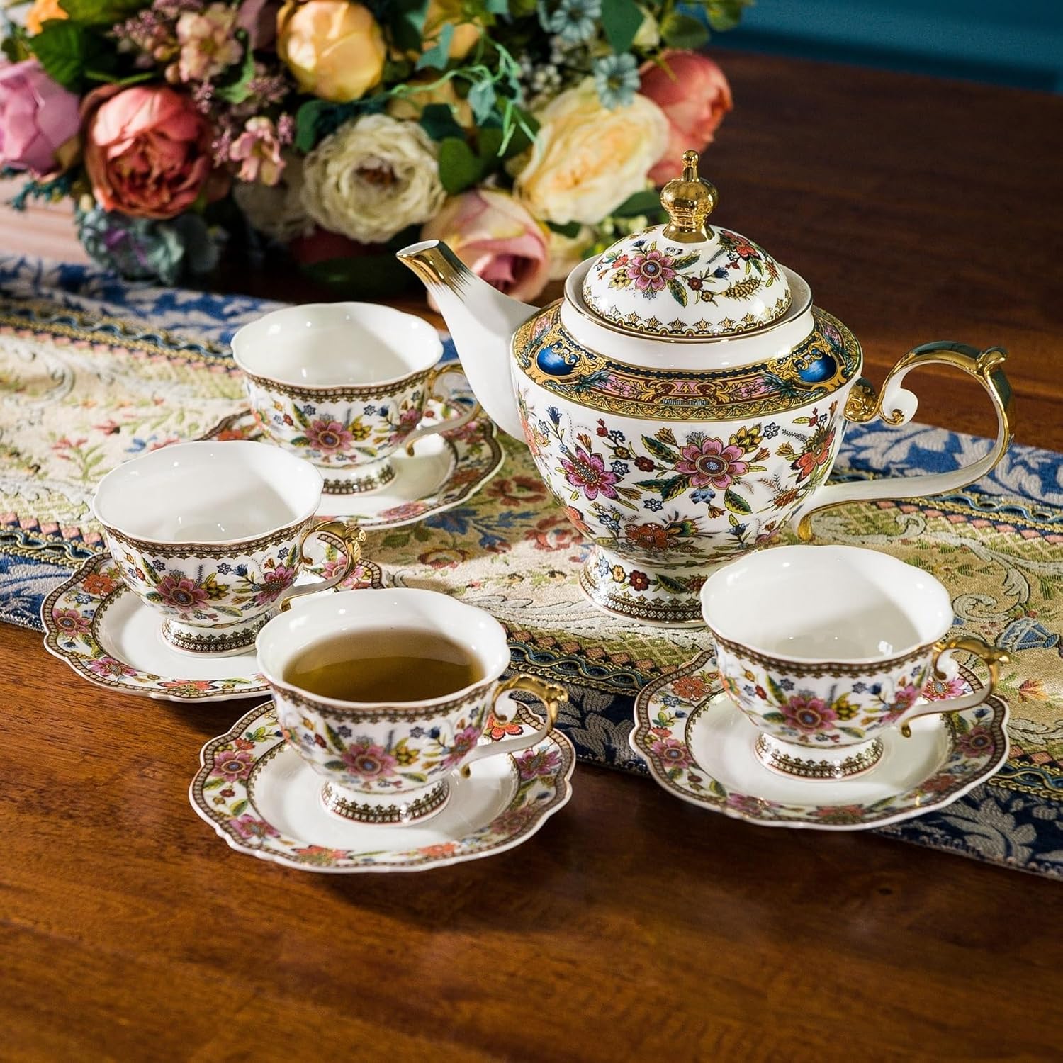 ACMLIFE Fine Bone China Tea Set, British Vintage China Set for Adults 24K Gold, Afternoon Cups and Saucers for Women Tea Party or Gift Giving (Pink and Gold) - Image 2