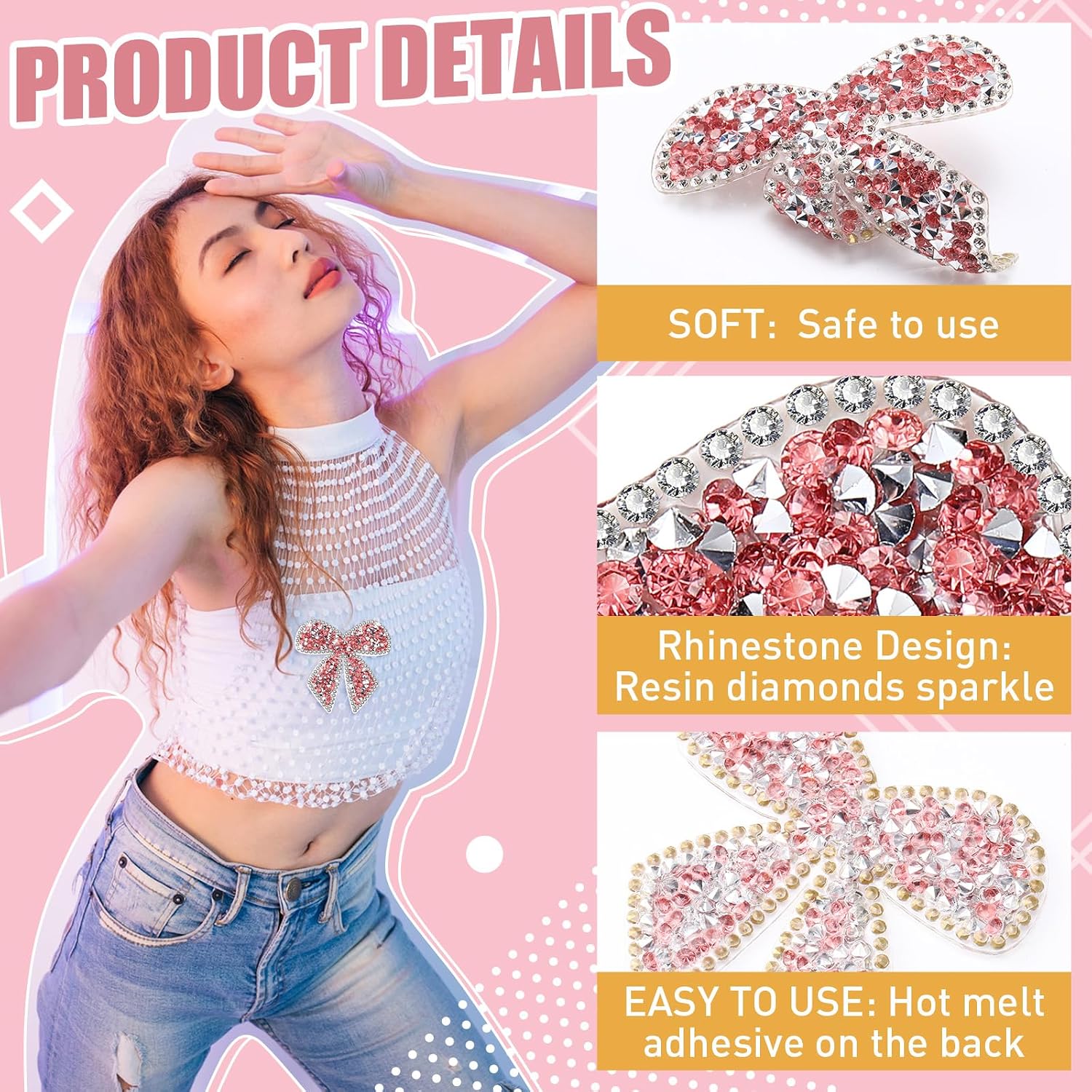 Daifunli 12 Pieces Bow Knot Rhinestone Patches Sparkling Crystal Appliques Iron Sew on for Jeans Jackets Bags Backpacks Hats Shoes Clothes Decorations Crafts(Pink)